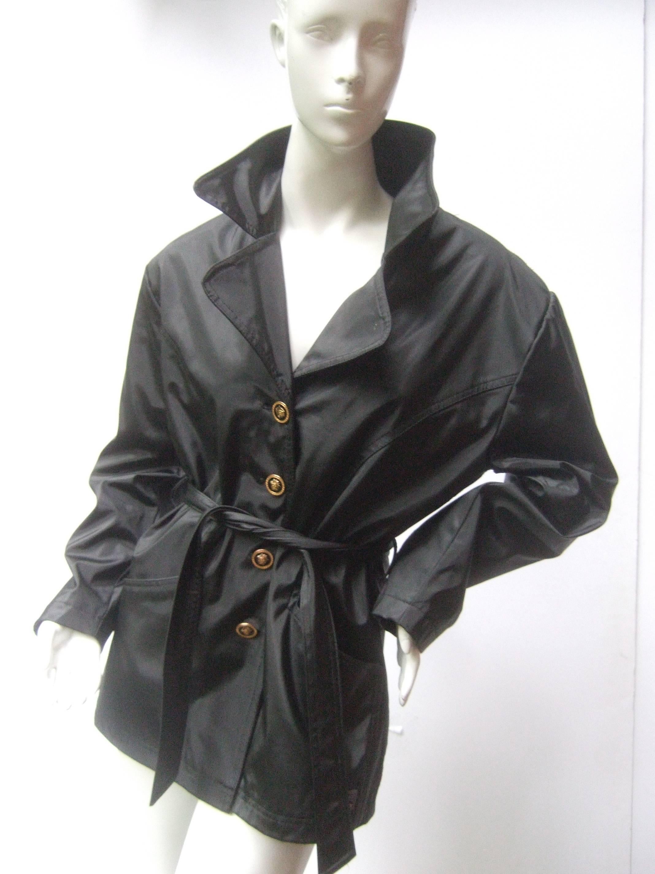Black Versace Jeans Couture Sleek All Weather Belted Jacket c 1990s