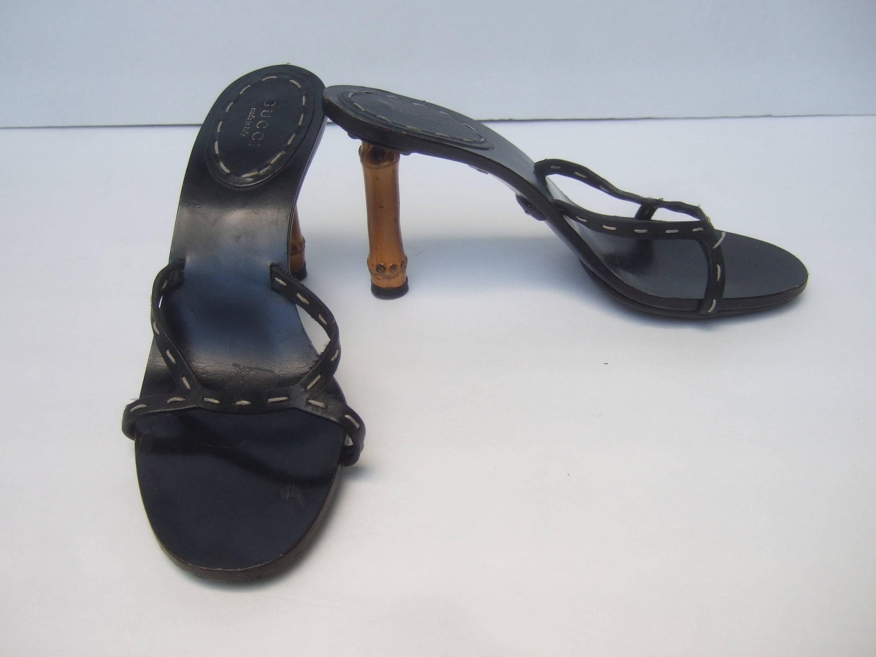 Gucci Italy Black Leather Bamboo Heel Sandals US Size 7B  2