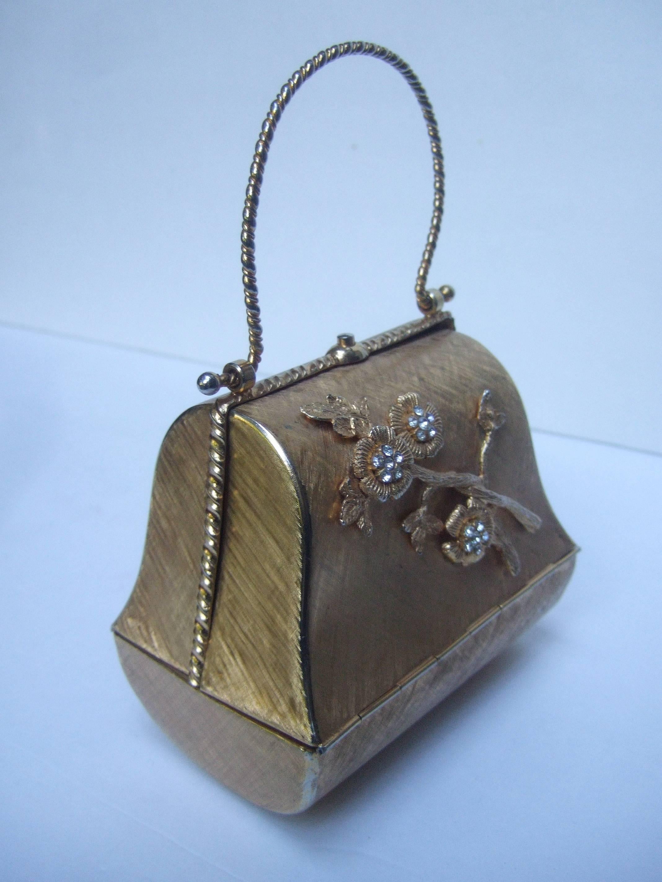 Opulent Gilt Metal Jeweled Flower Evening Bag c 1970 3