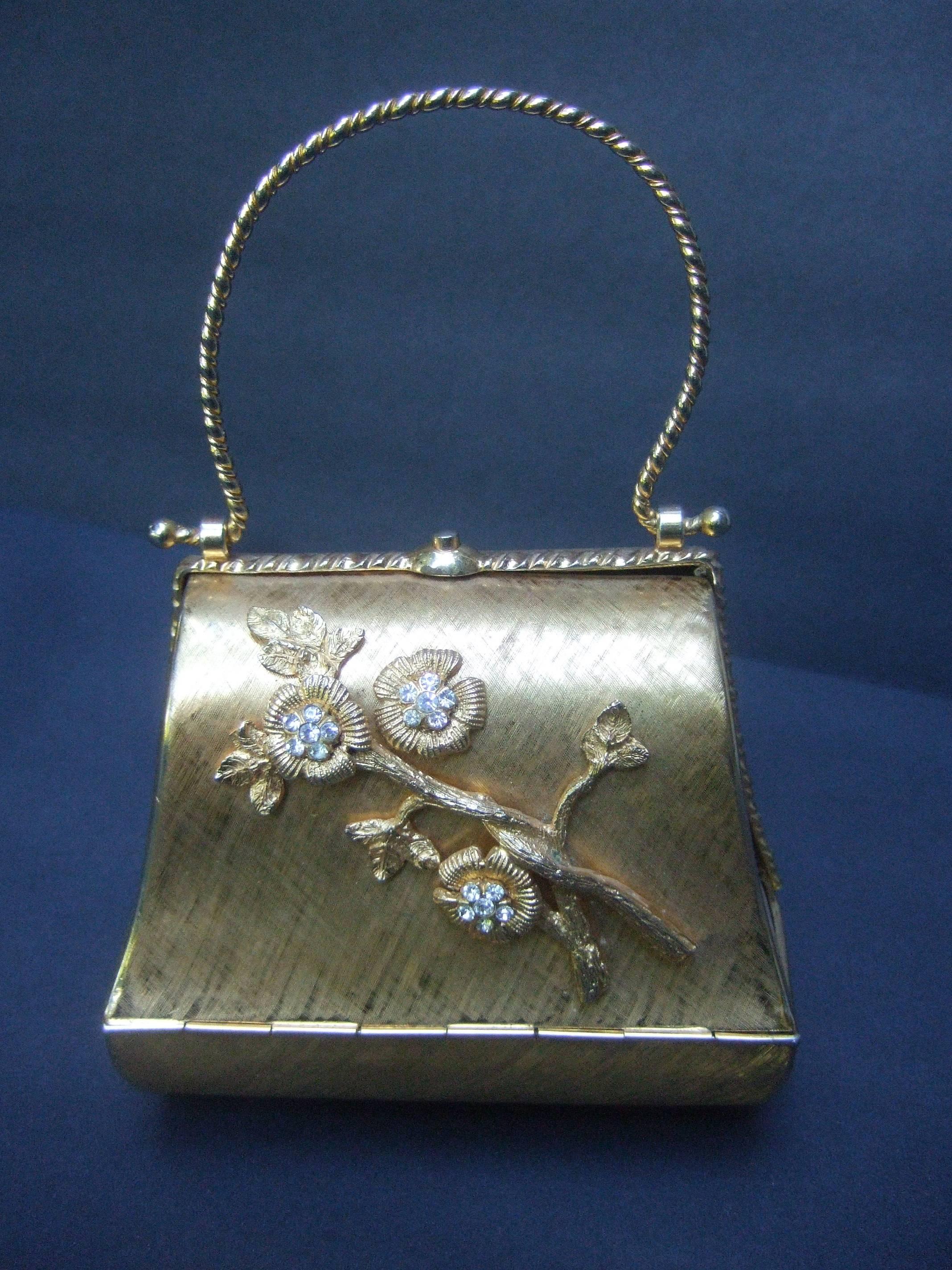 Opulent Gilt Metal Jeweled Flower Evening Bag c 1970 In Good Condition In University City, MO