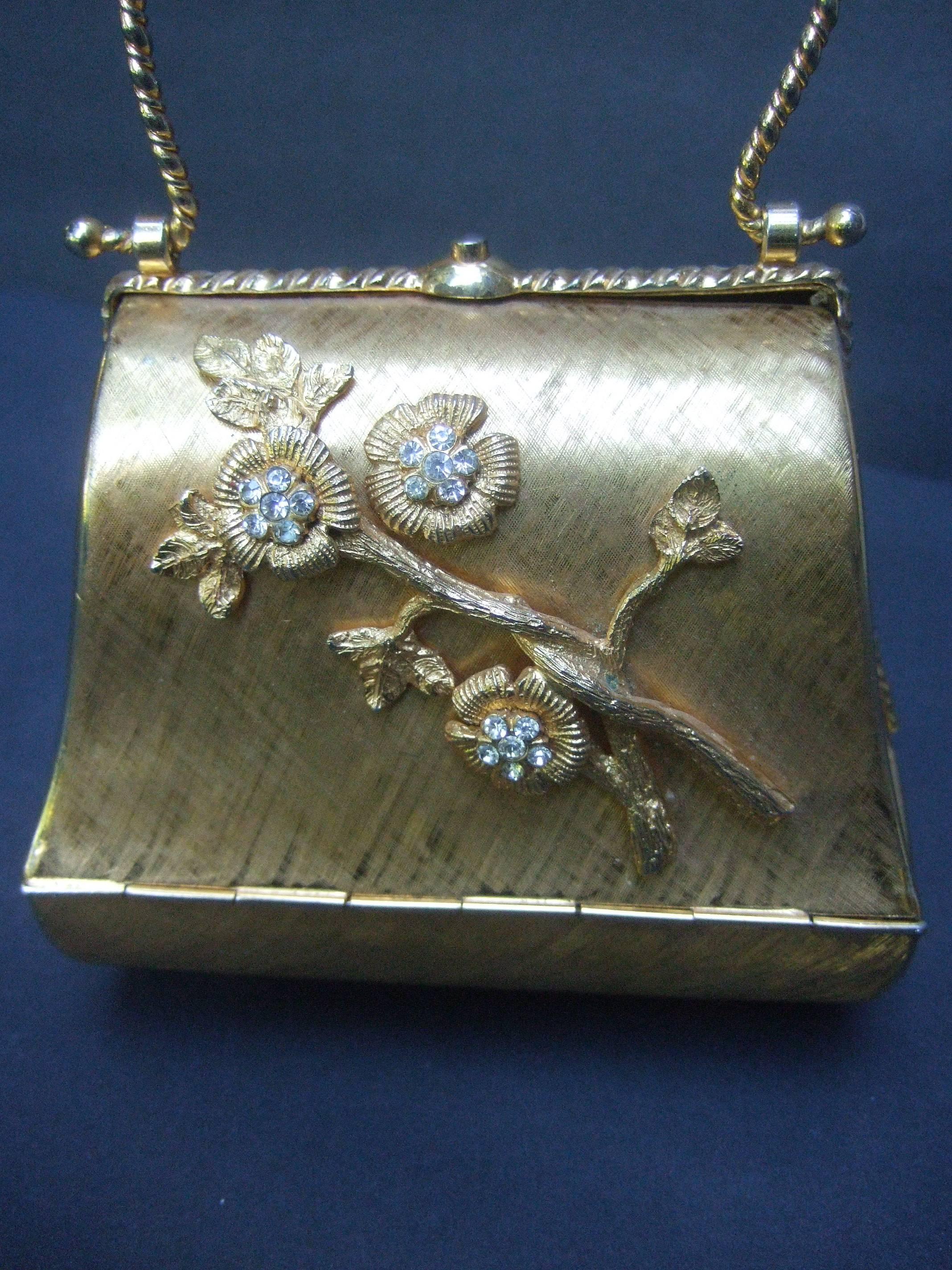 Gray Opulent Gilt Metal Jeweled Flower Evening Bag c 1970