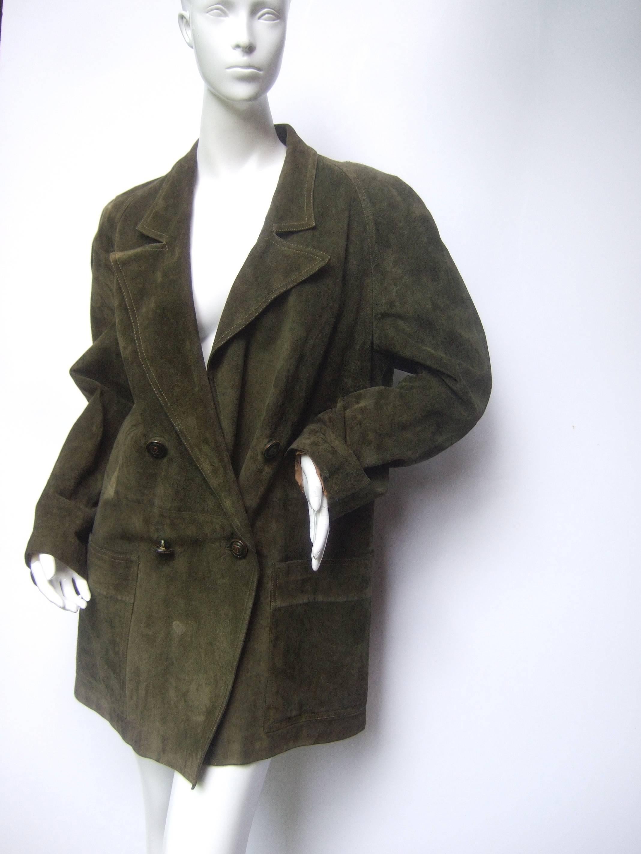 Gucci Italy Moss Green Suede Shabby Chic Unisex Jacket c 1970s In Fair Condition In University City, MO