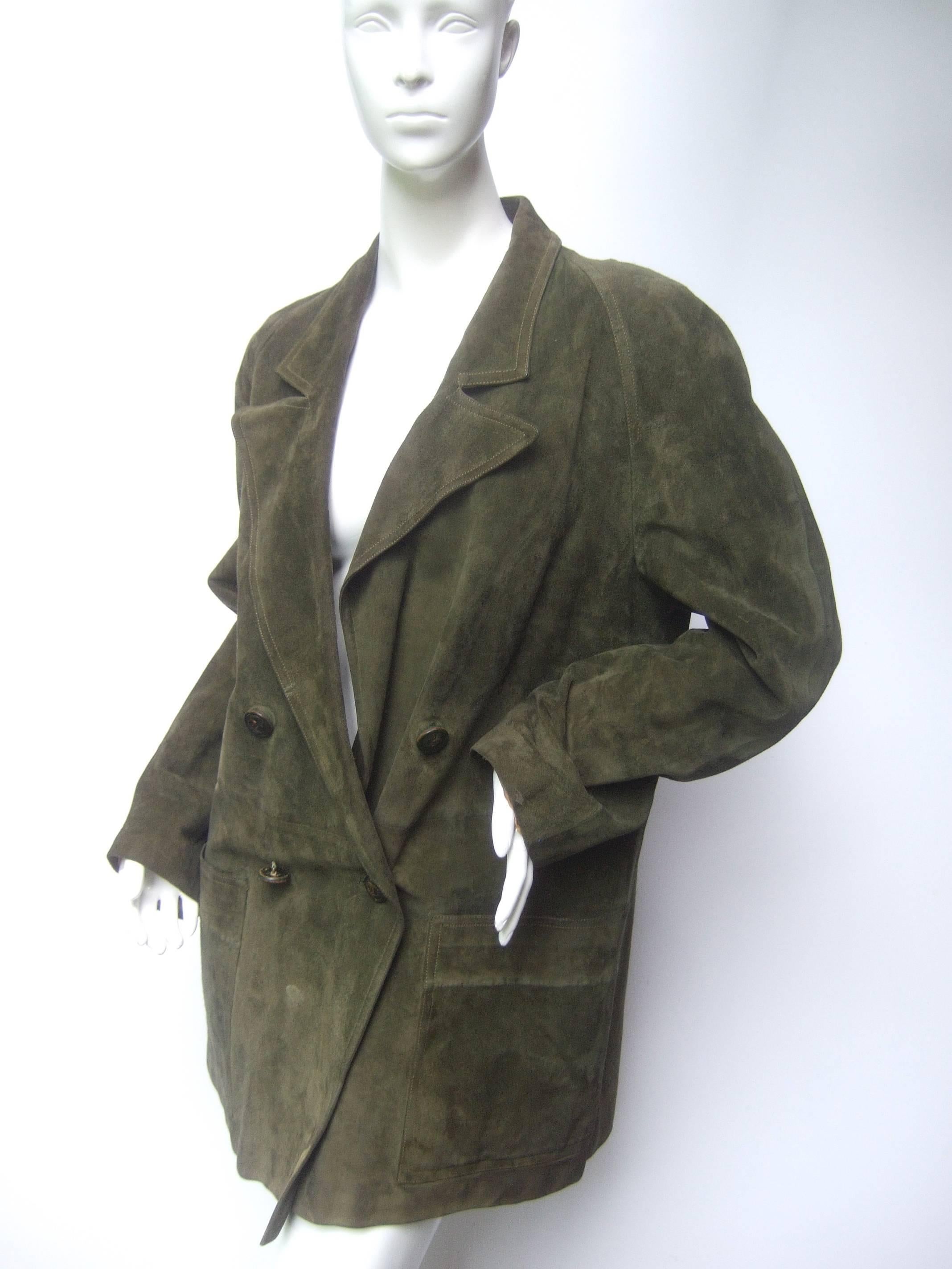 Black Gucci Italy Moss Green Suede Shabby Chic Unisex Jacket c 1970s