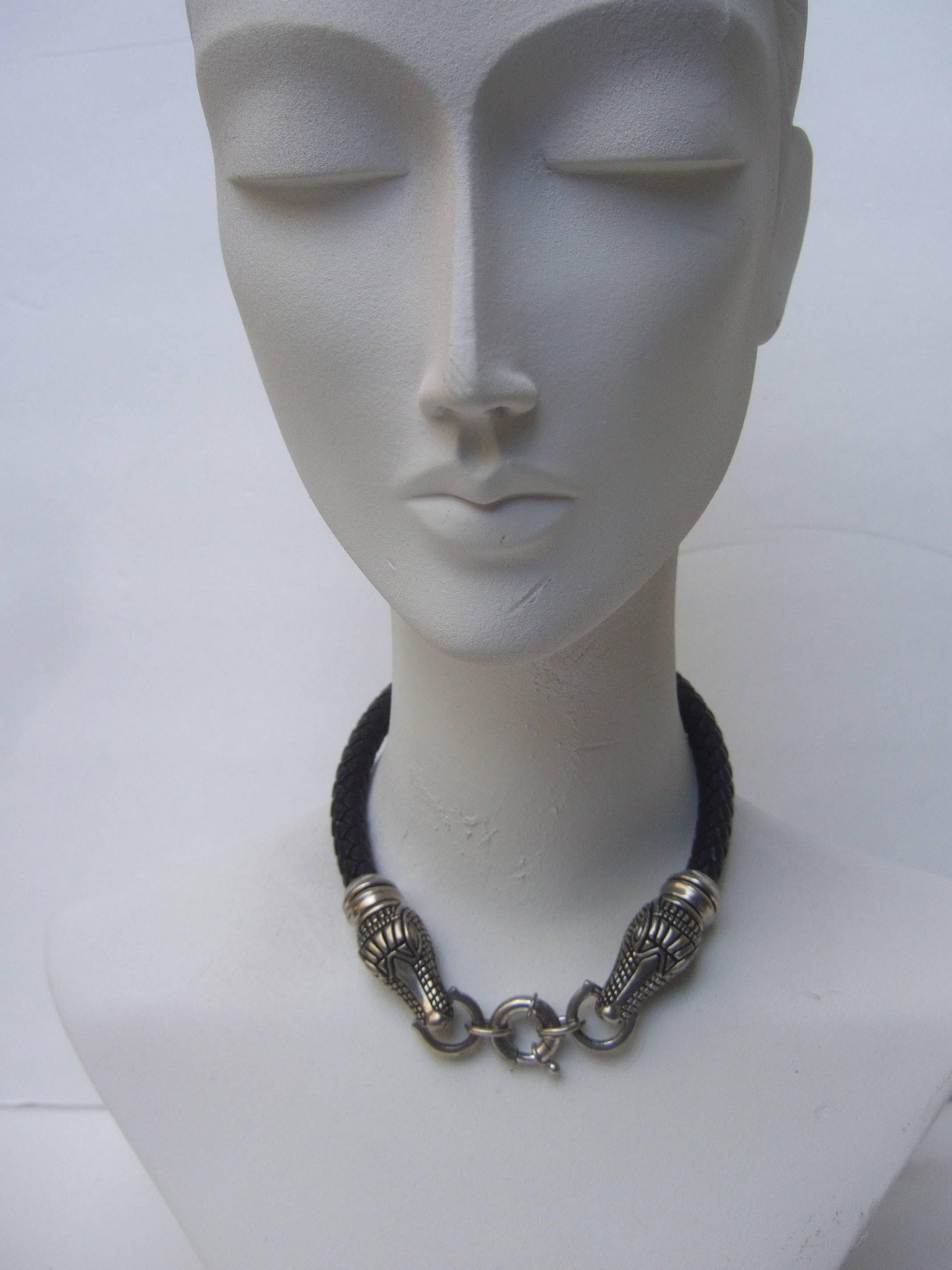 Sleek Braided Leather Alligator Head Choker Necklace For Sale 1
