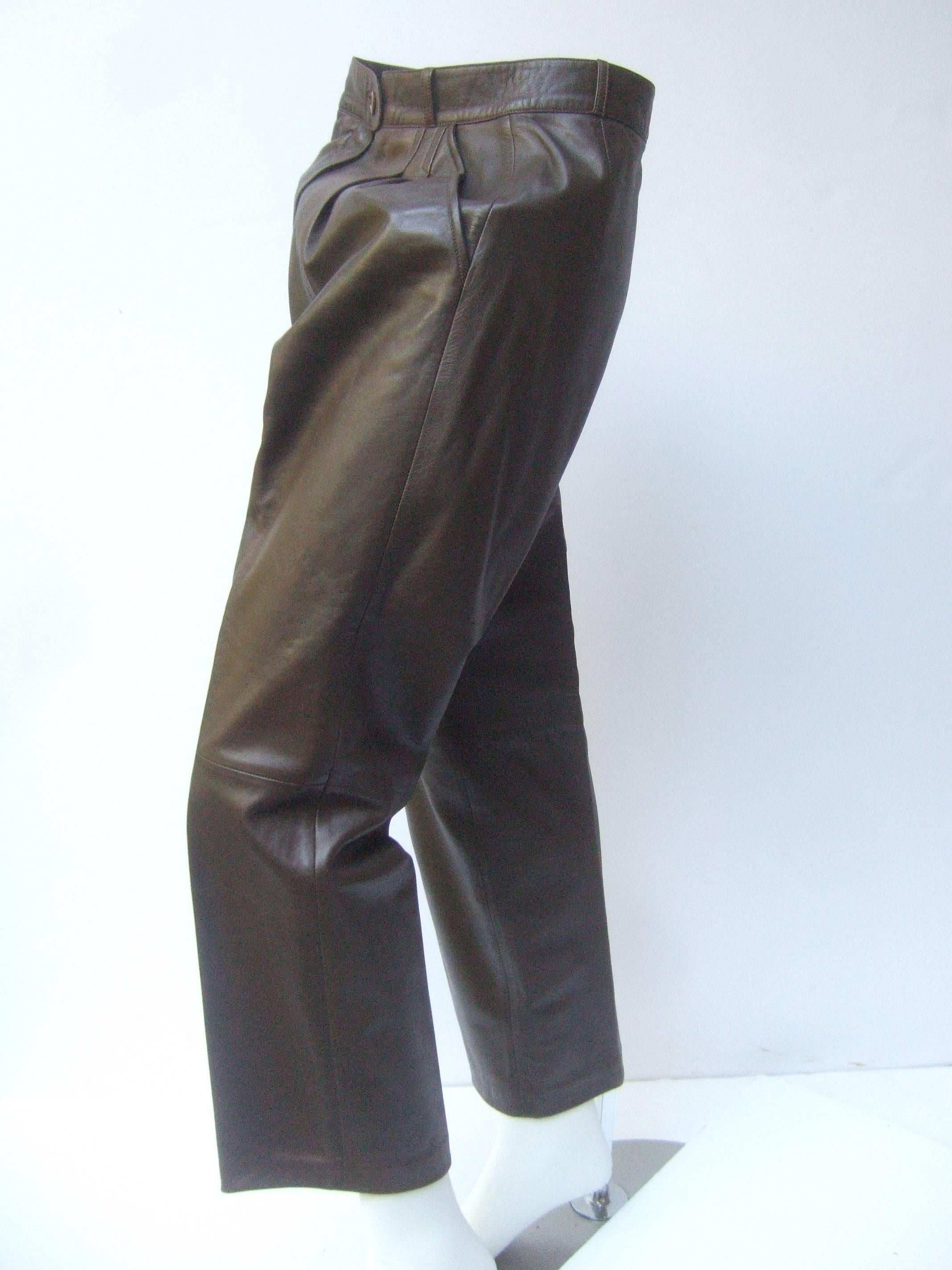 Gucci Italy Brown Leather Vintage Slacks c 1970s In Excellent Condition In University City, MO