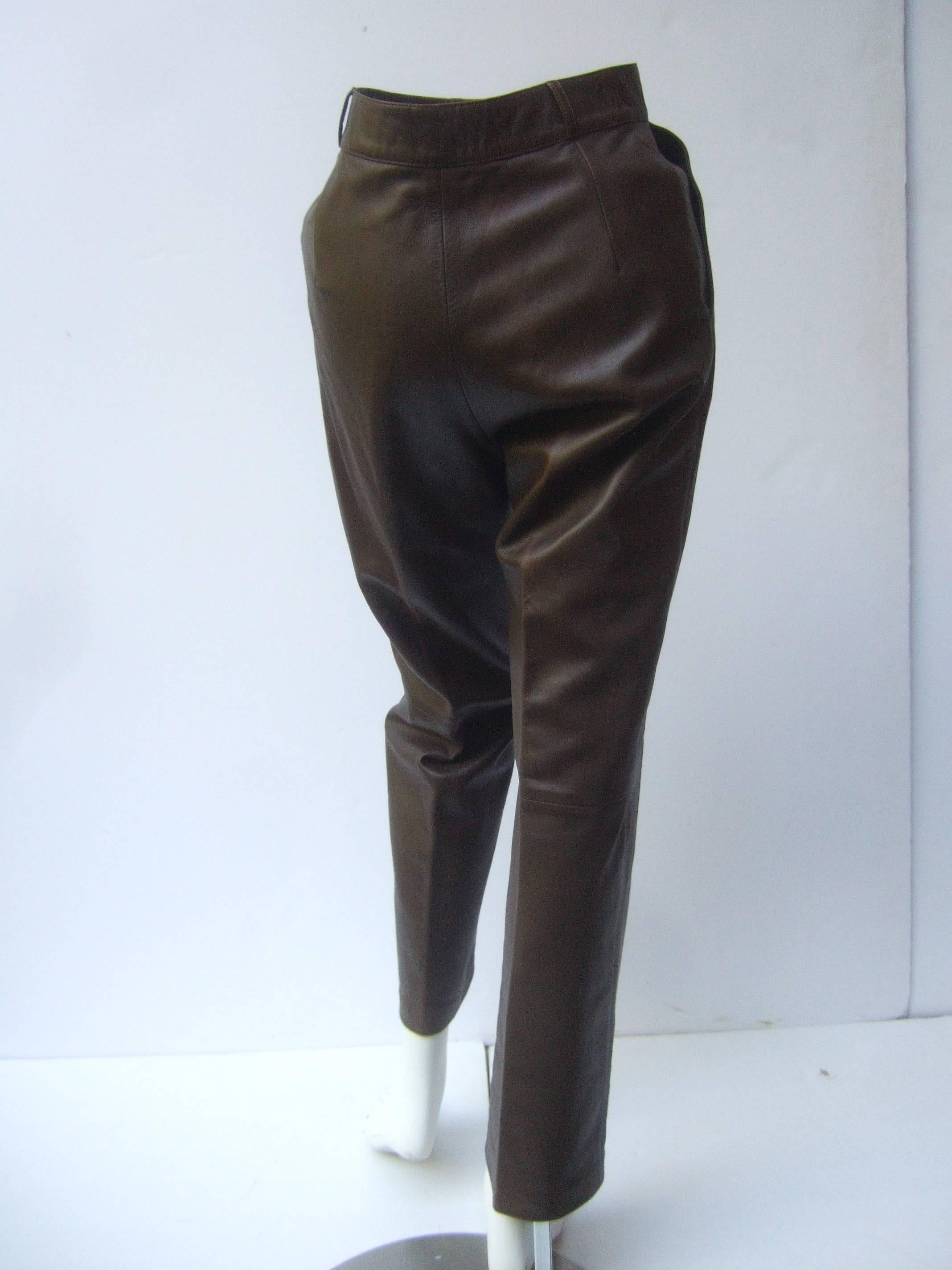 Black Gucci Italy Brown Leather Vintage Slacks c 1970s