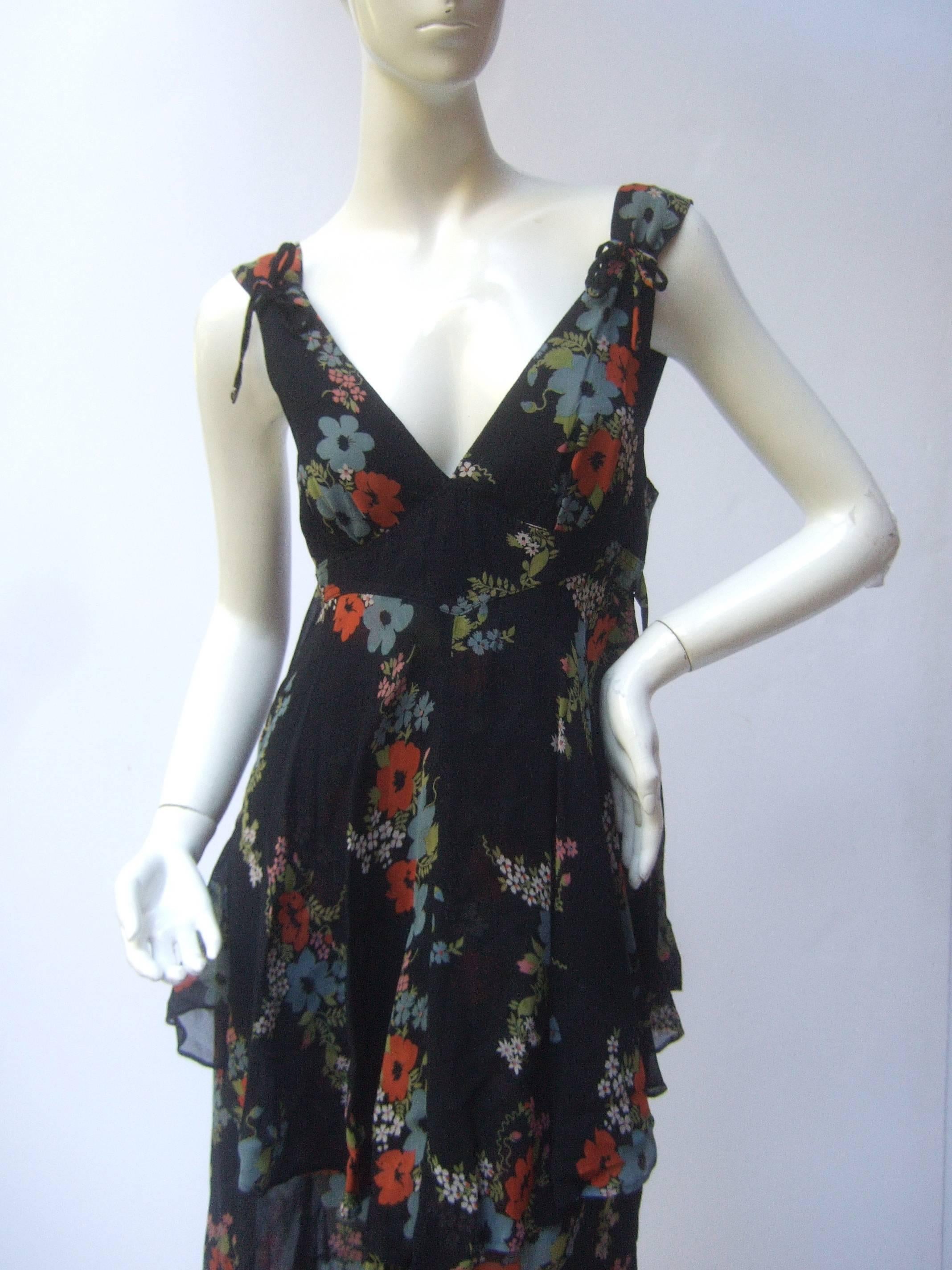 1970's Ossie Clark Romantic Floral Print Tiered Crepe Tea Dress 2