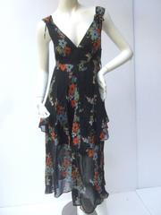 1970's Ossie Clark Romantic Floral Print Tiered Crepe Tea Dress