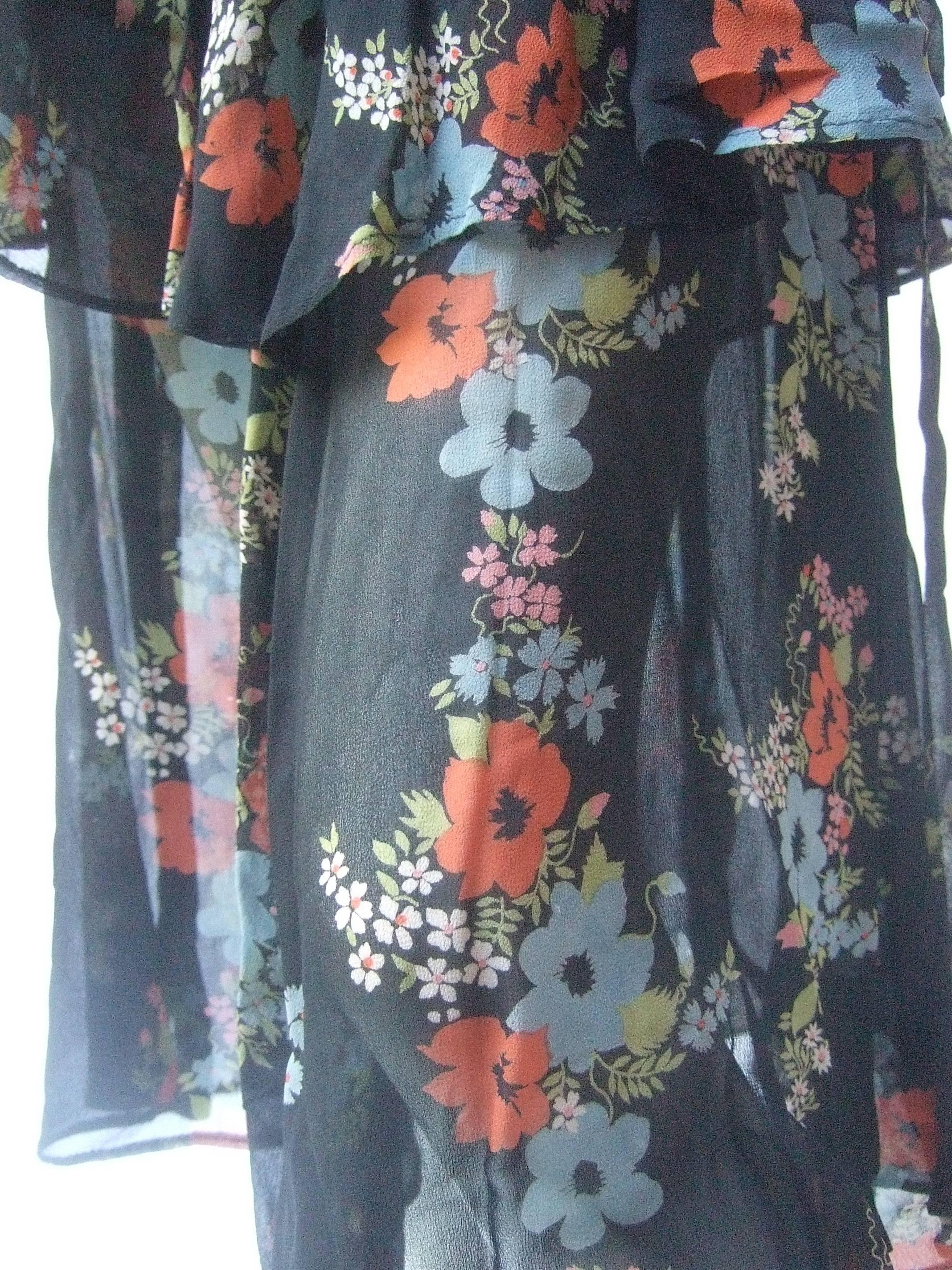 1970's Ossie Clark Romantic Floral Print Tiered Crepe Tea Dress 4