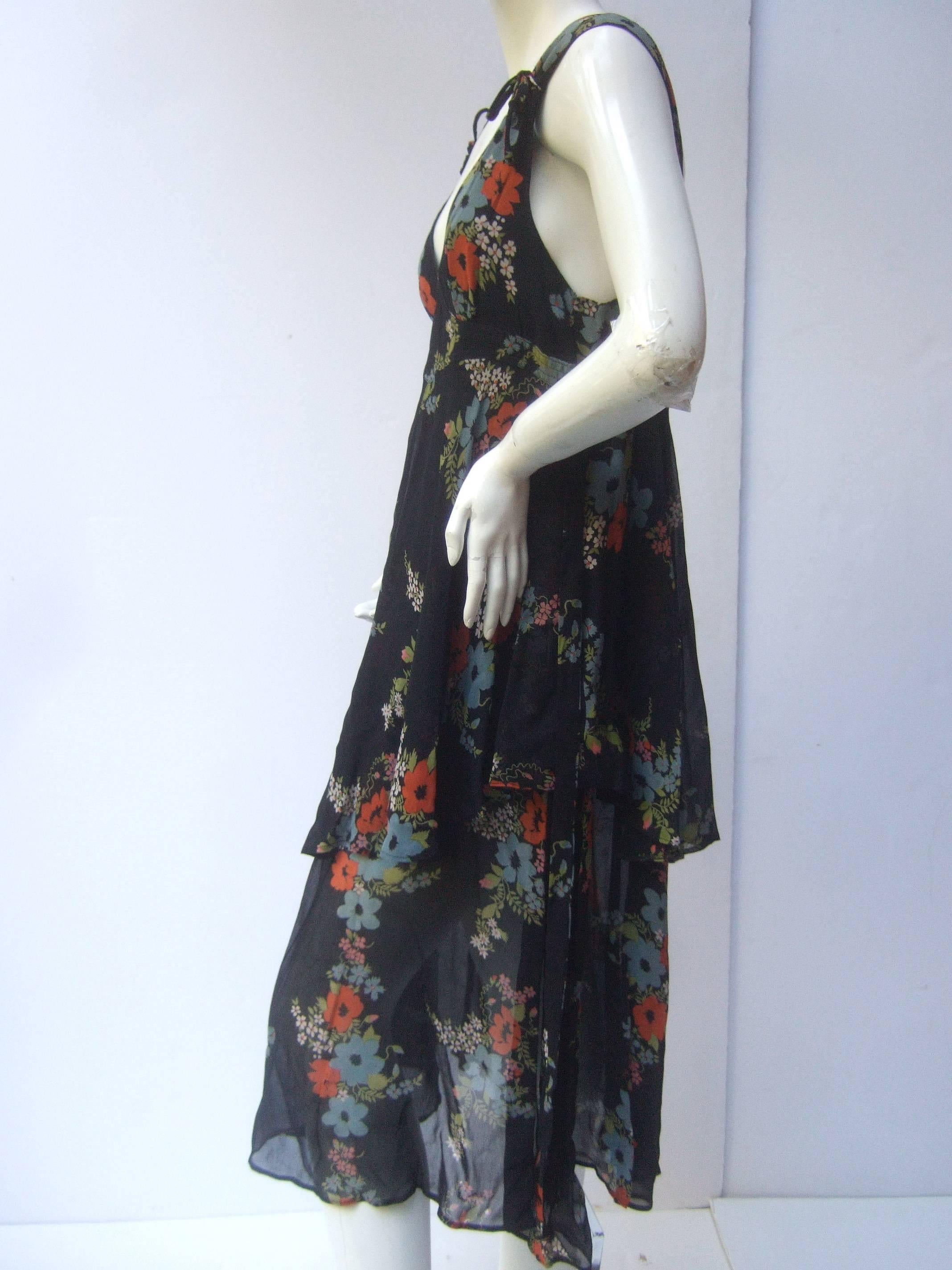 1970's Ossie Clark Romantic Floral Print Tiered Crepe Tea Dress In Excellent Condition In University City, MO