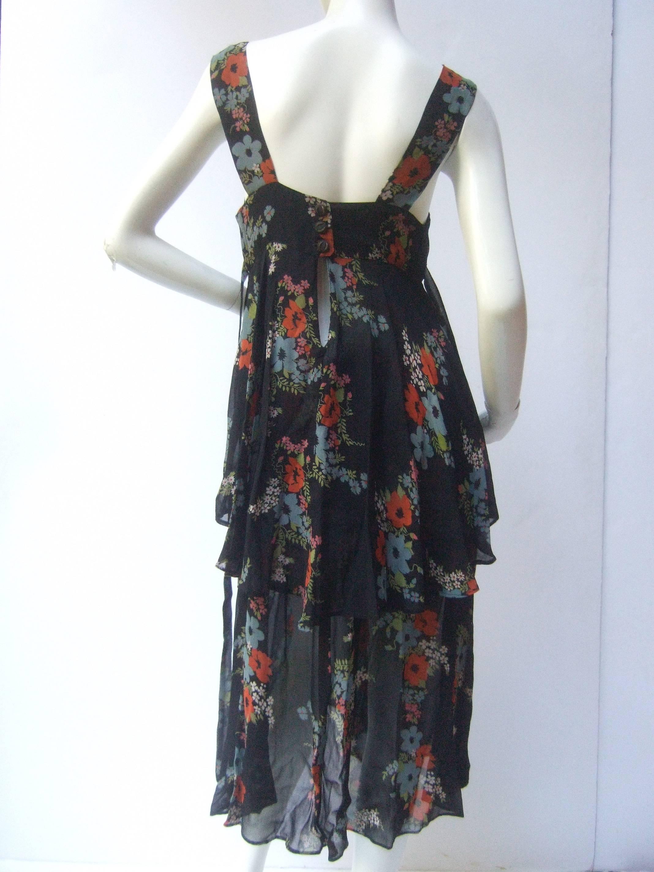1970's Ossie Clark Romantic Floral Print Tiered Crepe Tea Dress 1