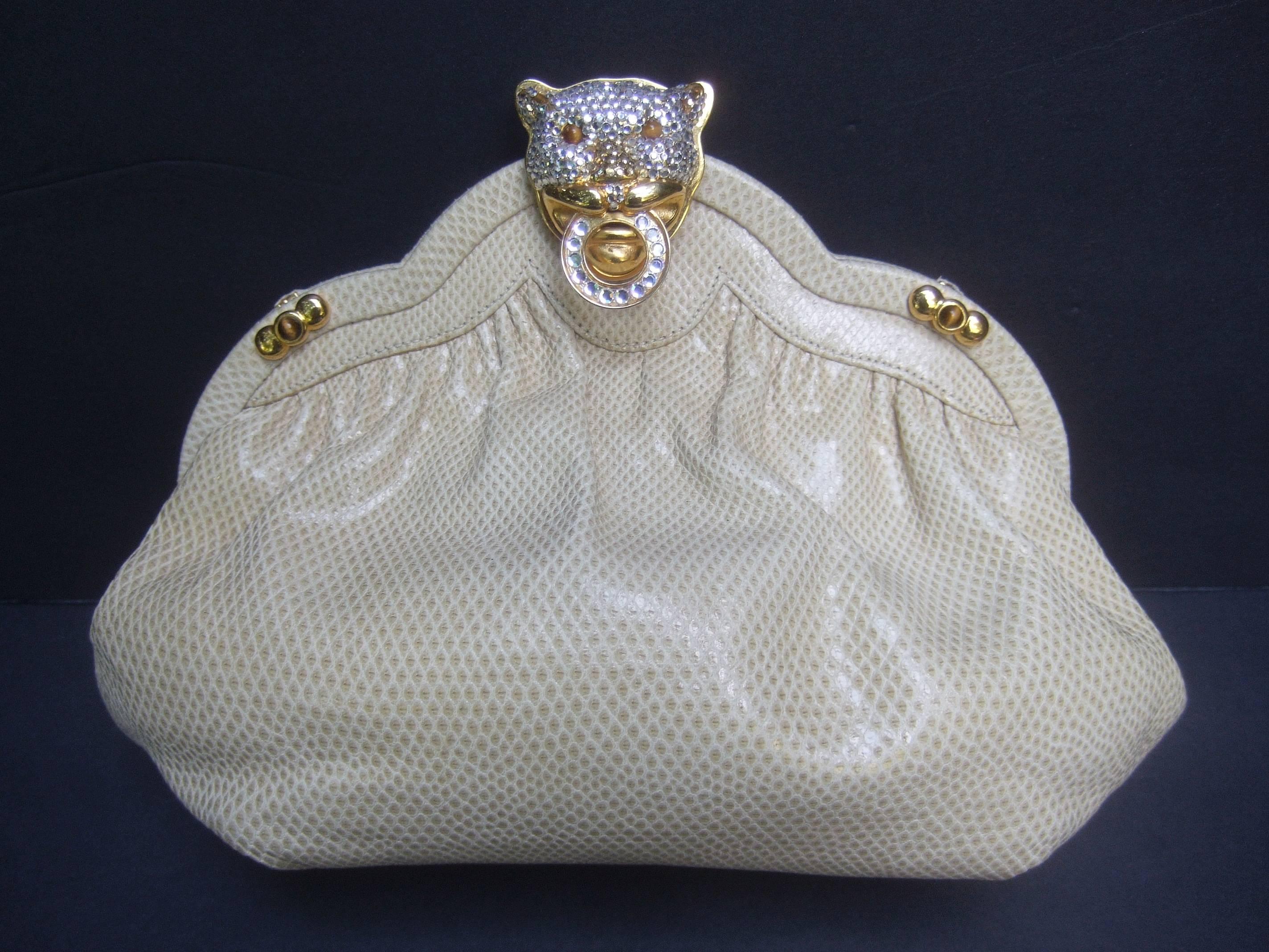 Women's Opulent Jeweled Panther Clasp Ivory Leather Evening Bag c 1980s