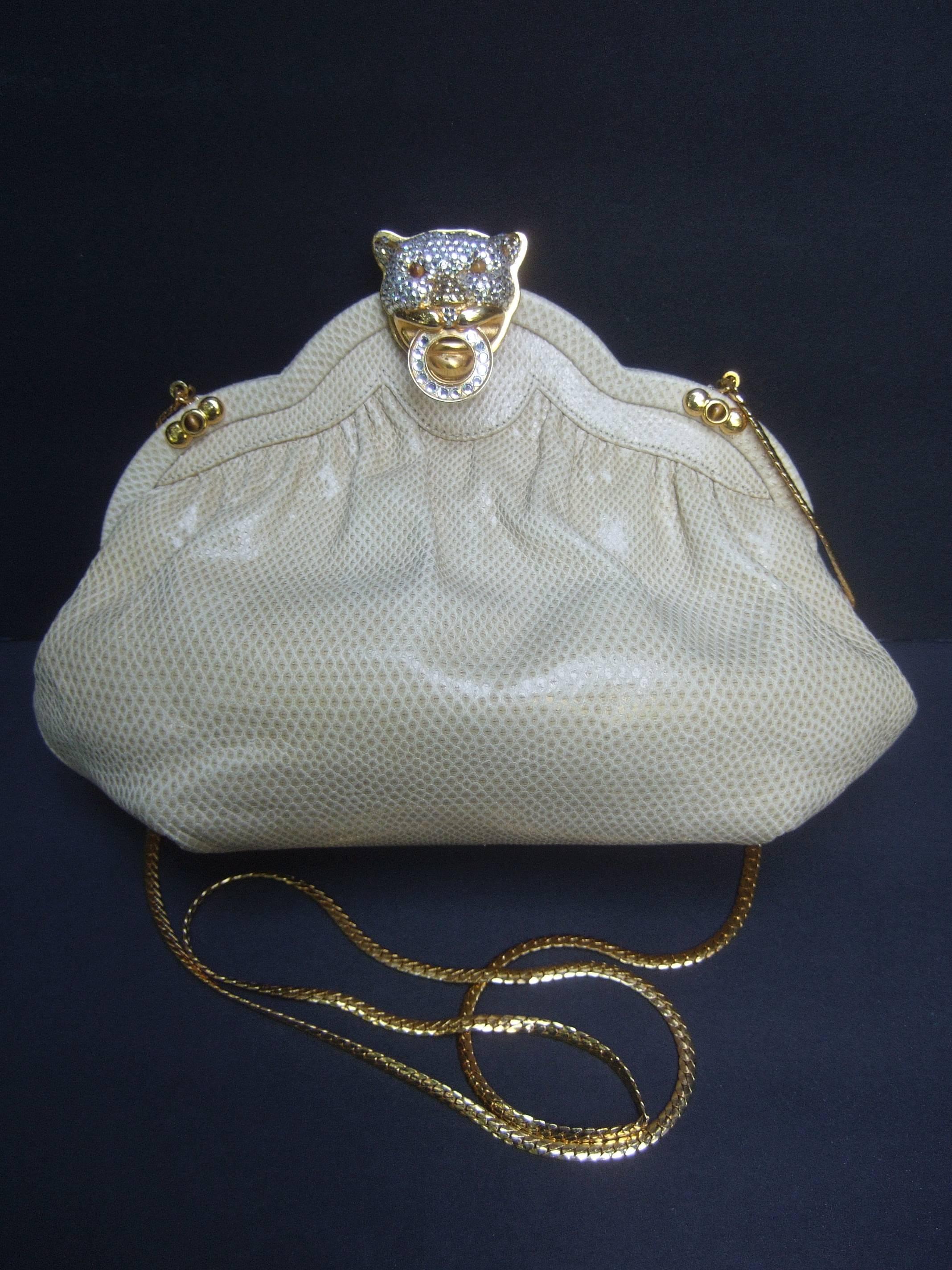 Gray Opulent Jeweled Panther Clasp Ivory Leather Evening Bag c 1980s