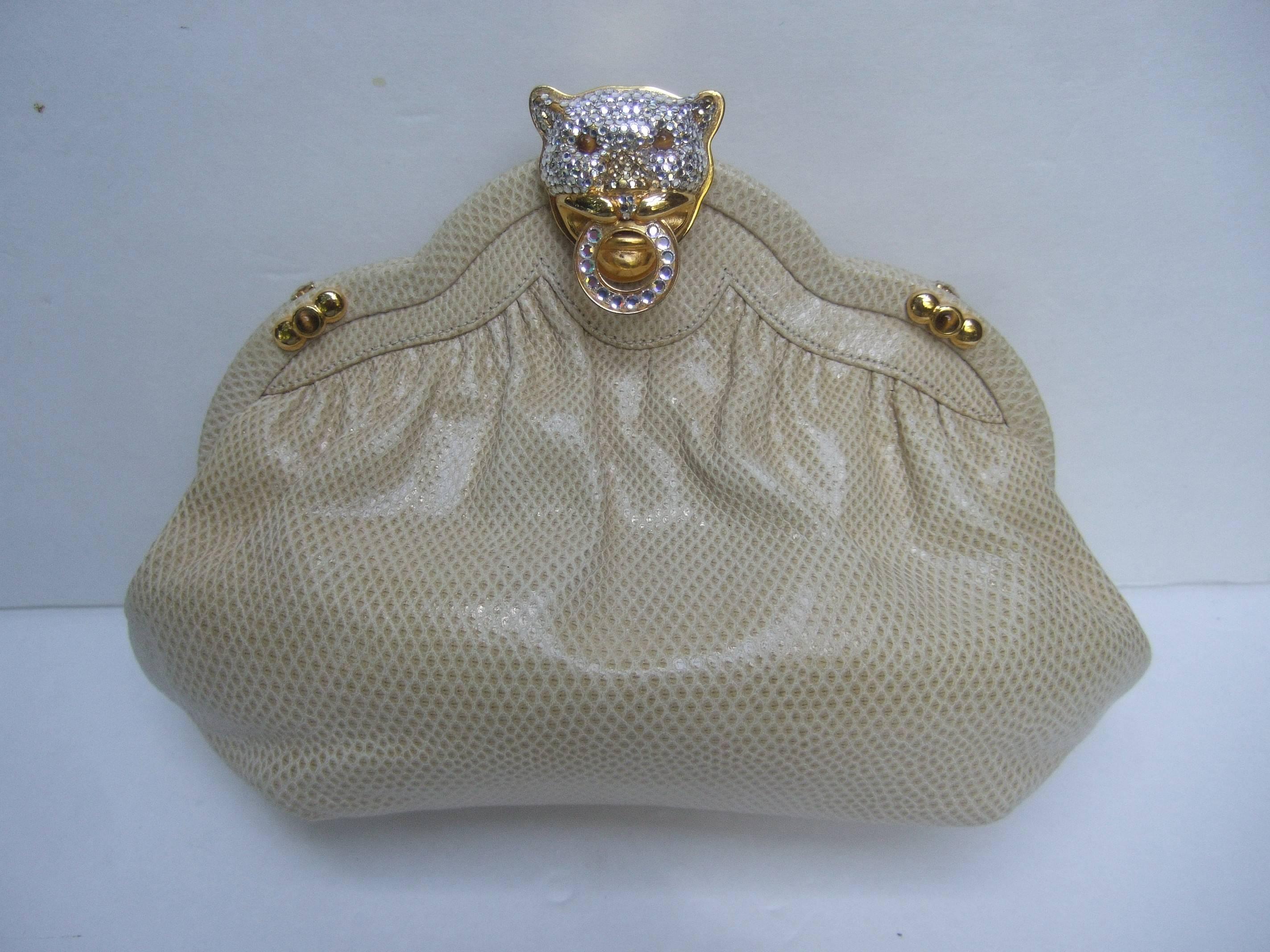 Opulent Jeweled Panther Clasp Ivory Leather Evening Bag c 1980s In Excellent Condition In University City, MO