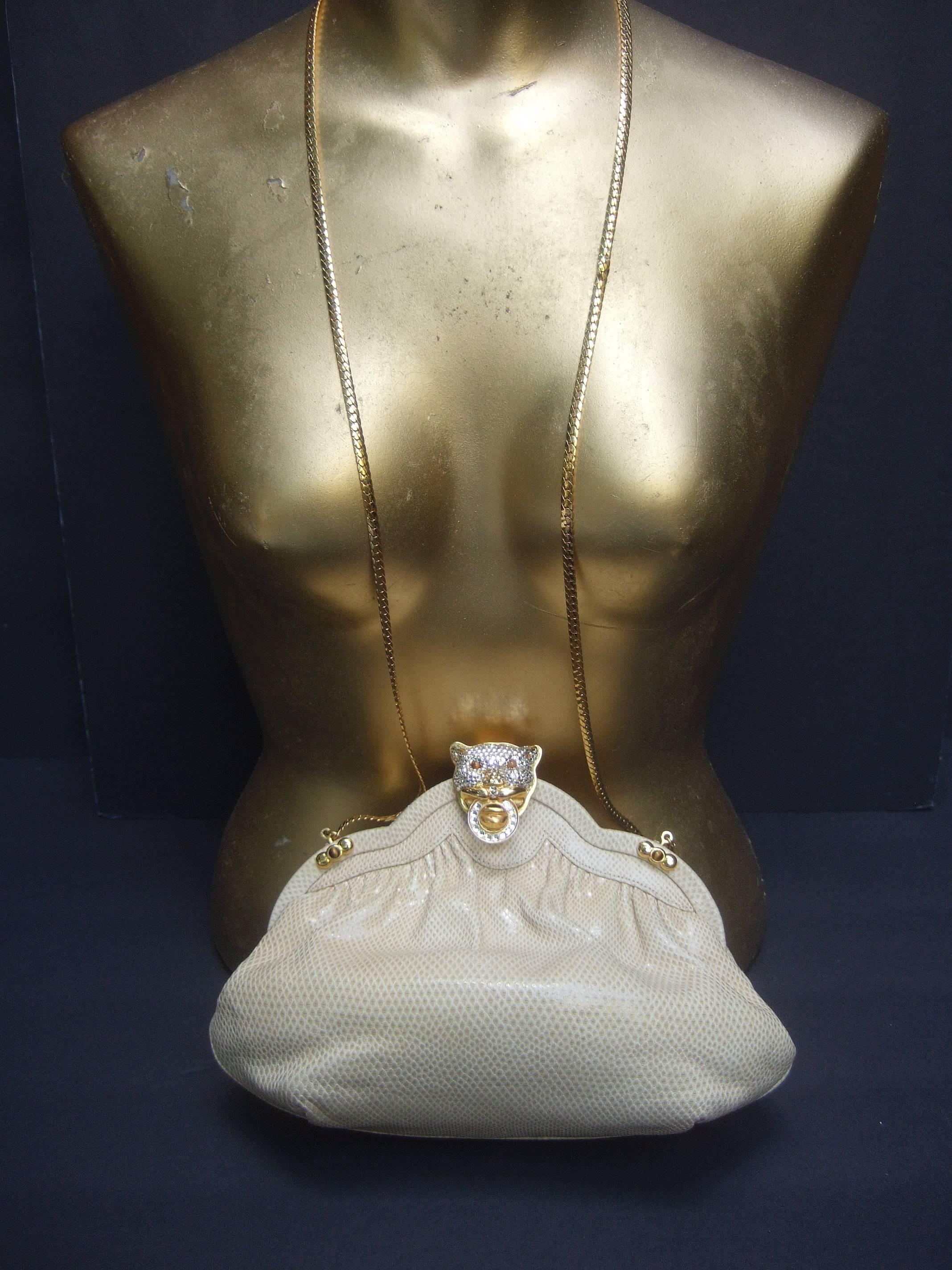 Opulent Jeweled Panther Clasp Ivory Leather Evening Bag c 1980s 1