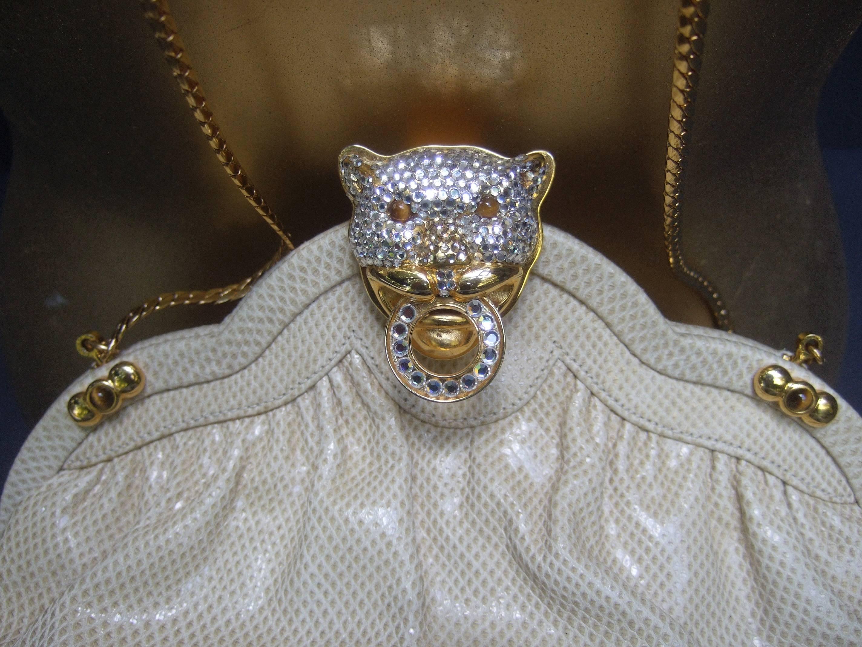 Opulent Jeweled Panther Clasp Ivory Leather Evening Bag c 1980s 3