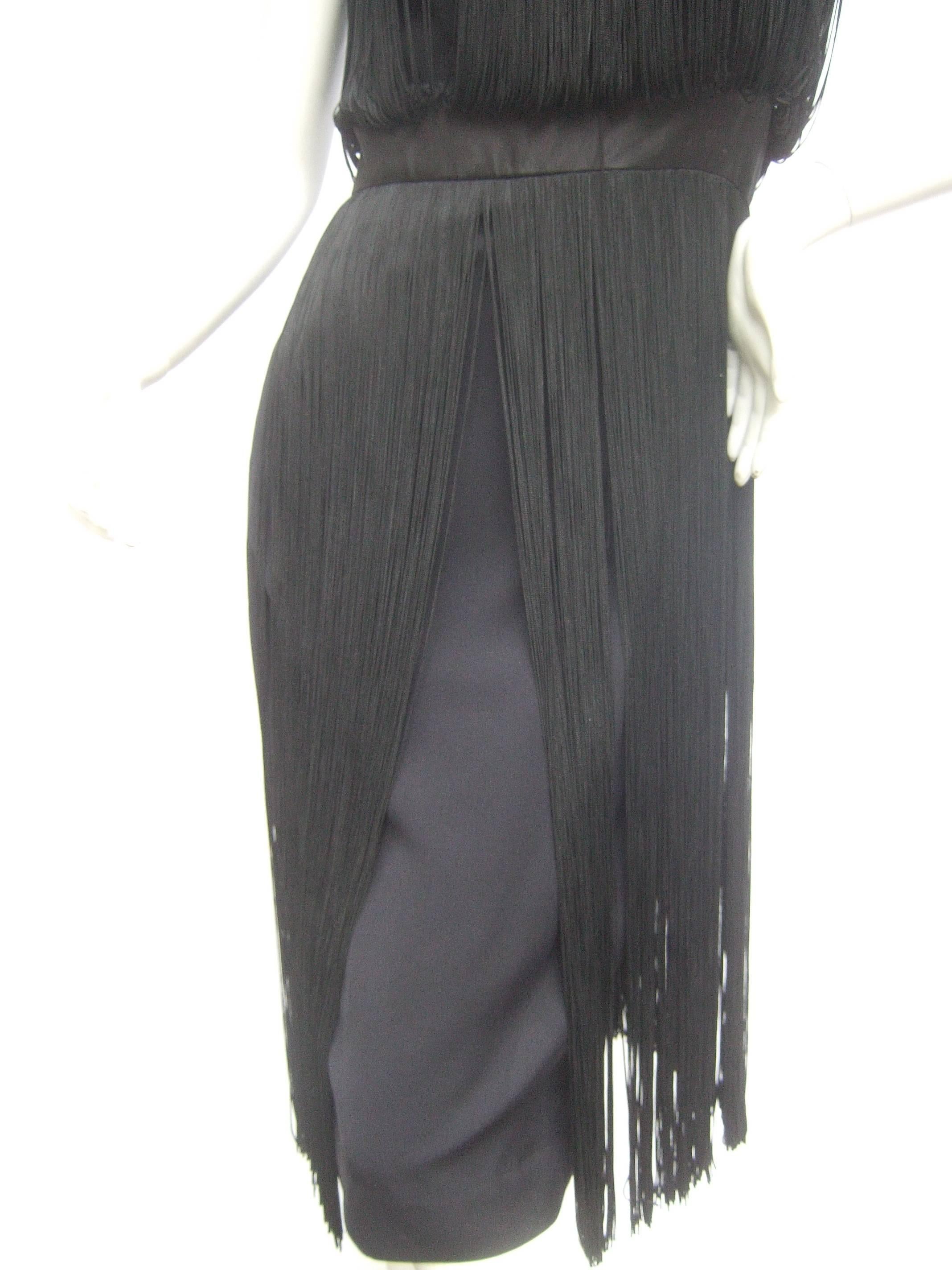 1960s Black Fringe Tassel Cocktail Dress For Sale 1