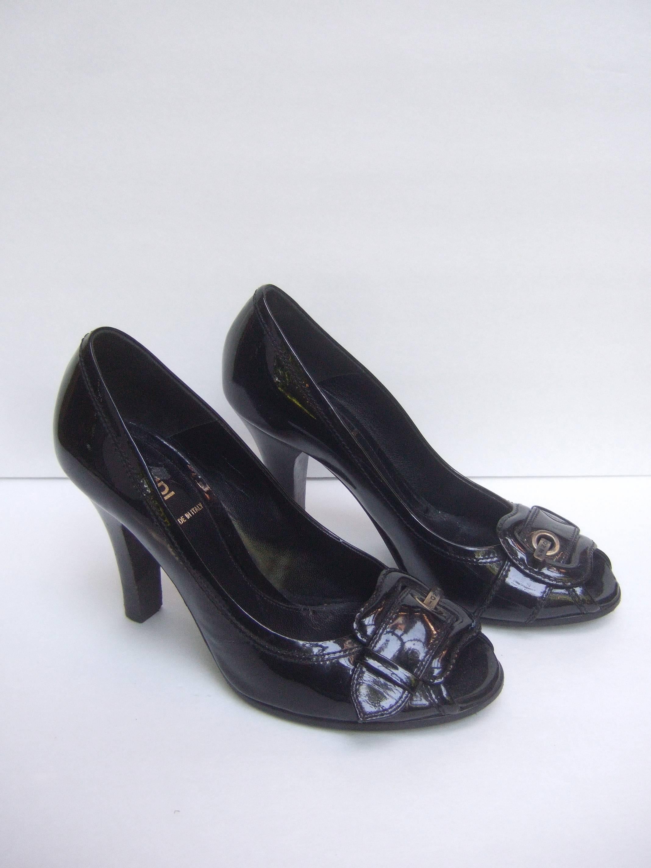 Fendi Italy Black Patent Leather Buckle Pumps 37.5 For Sale 1