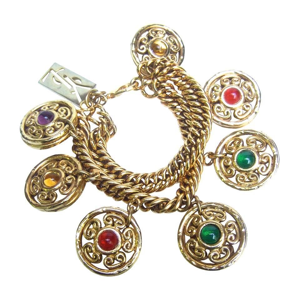 Yves Saint Laurent Gilt Medallion Charm Bracelet 1980's.