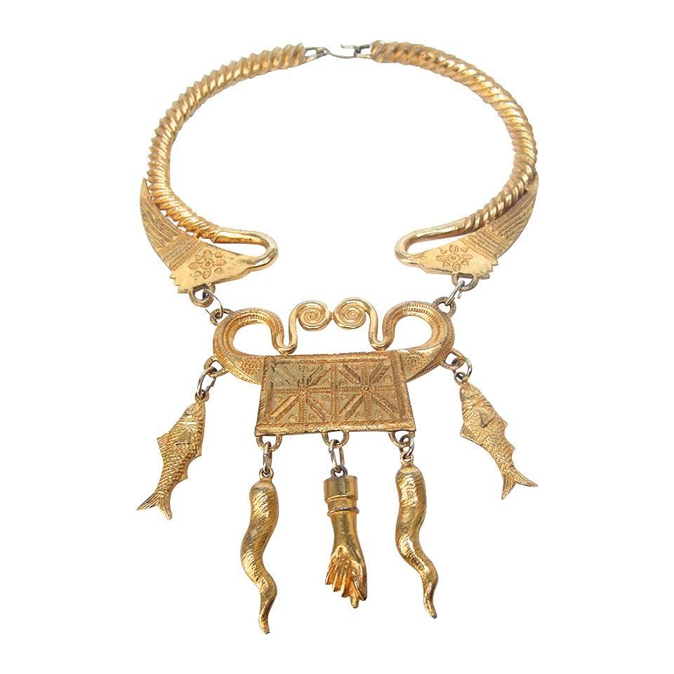 Ornate Gilt Metal Etruscan Revival Necklace by Alexis Kirk