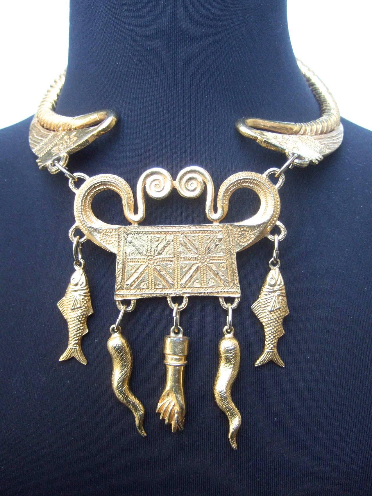 Ornate Gilt Metal Etruscan Revival Necklace by Alexis Kirk In Excellent Condition In University City, MO