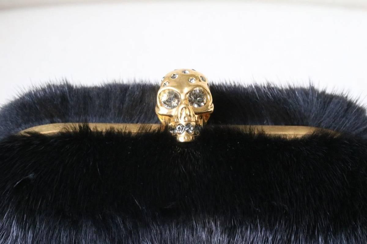 Women's or Men's Alexander McQueen Black Mink Fur Skull Box Clutch 