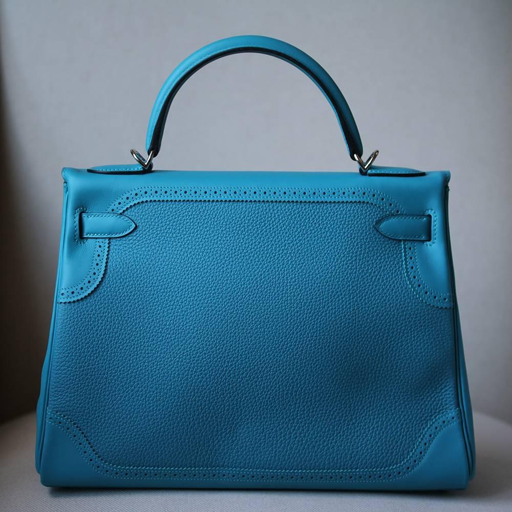 Women's or Men's Hermès 32cm Turquoise Ghillies Togo With Palladium Hardware Kelly Bag