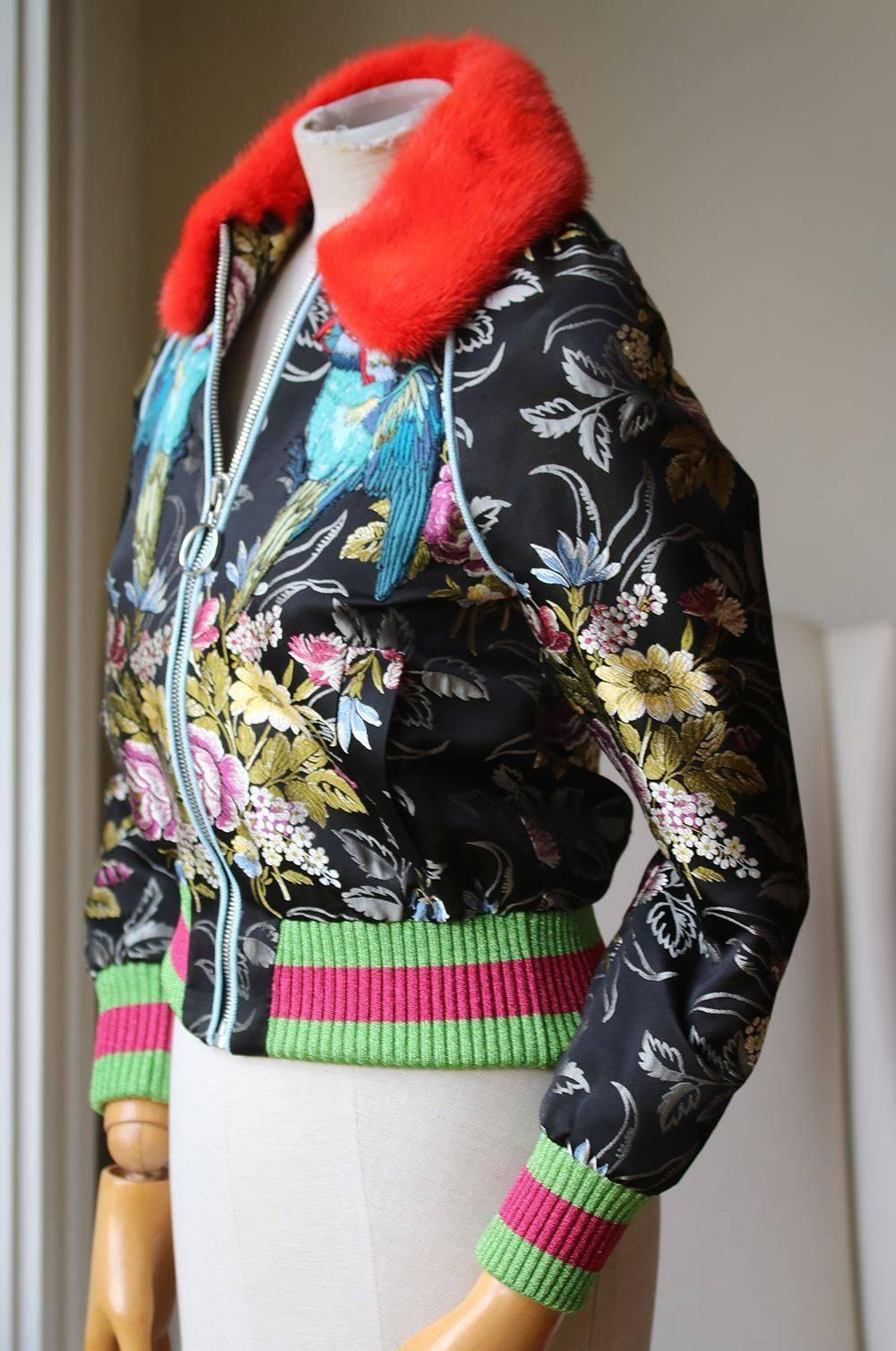 Black Gucci Mink Fur Trimmed Romantic Bouquet Silk Jacquard Bomber Jacket