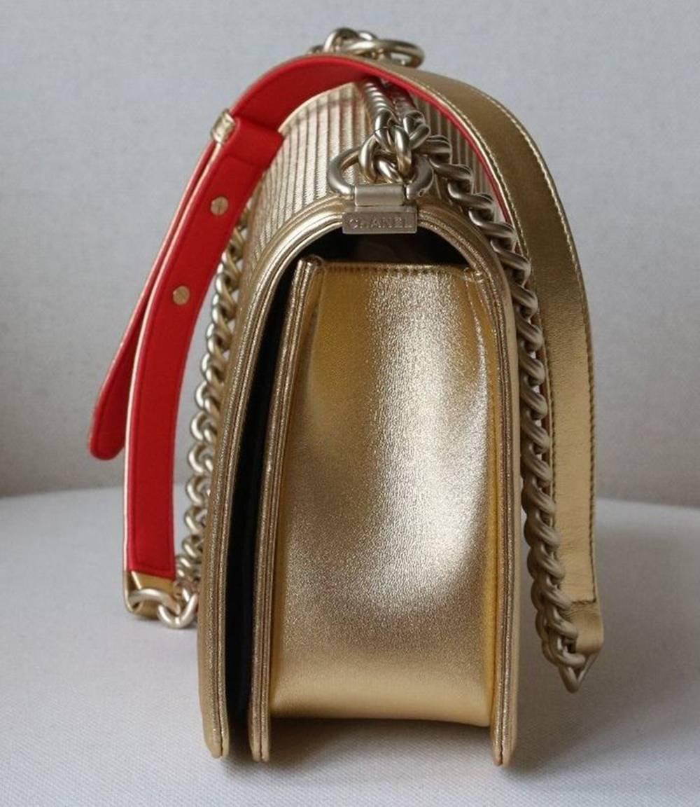 Women's or Men's Chanel Boy Medium Embossed Gold Metallic Lambskin Flap Bag