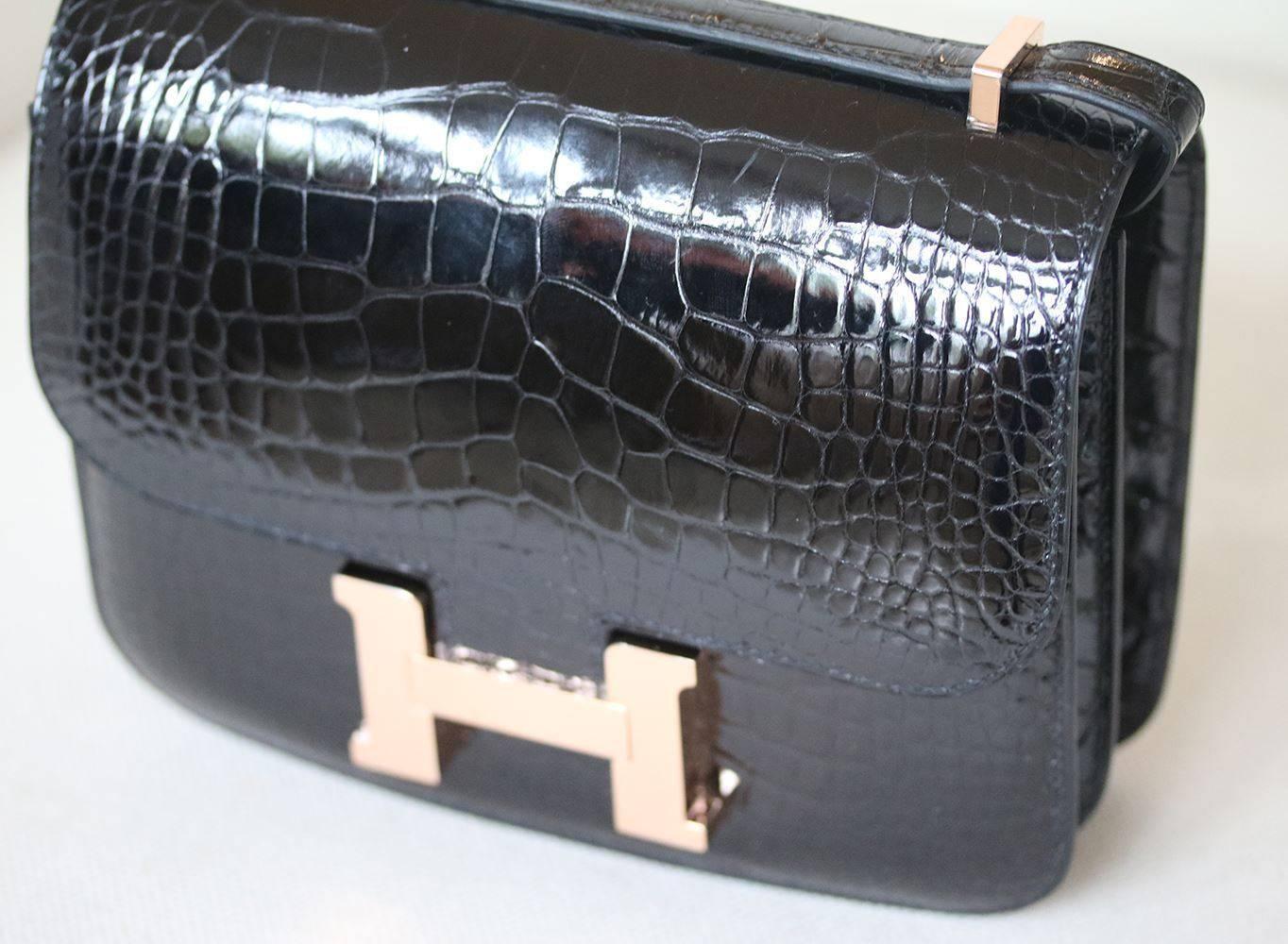 Black Hermès 18cm Crocodile Rose Gold H/W Constance Mini Bag