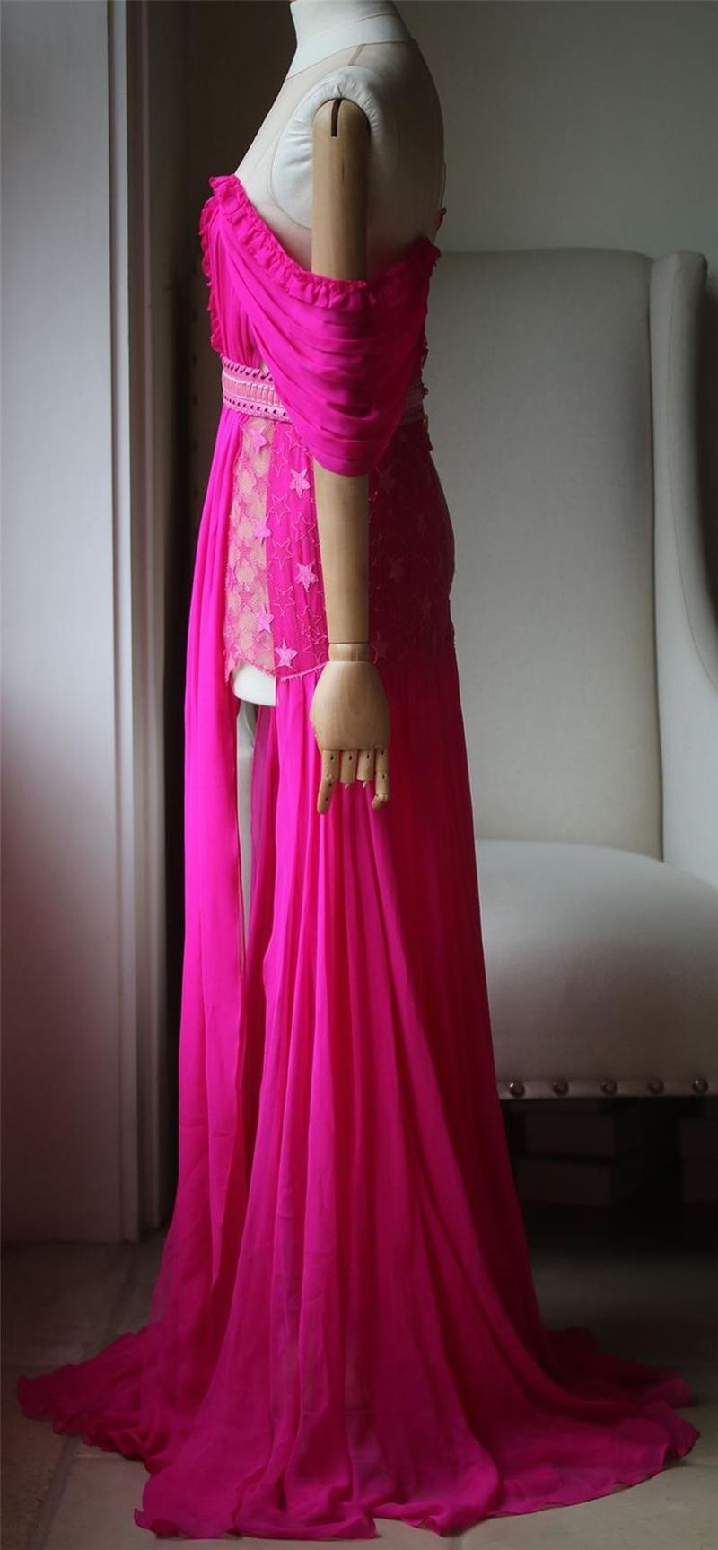 Custom made Aadnevik pink french lace pannels with silk choffon gown. Leather detail around the waist. Tulle cutout detail. Slit details at the front. 100% Silk.

Size: Small (UK 8, US 4, FR 36, IT 40)

Dimensions: Approx. 
Bust: 34 in / 87