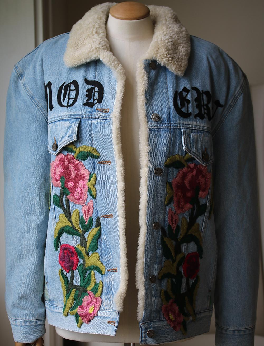 Gray Gucci Shearling Lined Embroidered Denim and Jacquard Jacket 
