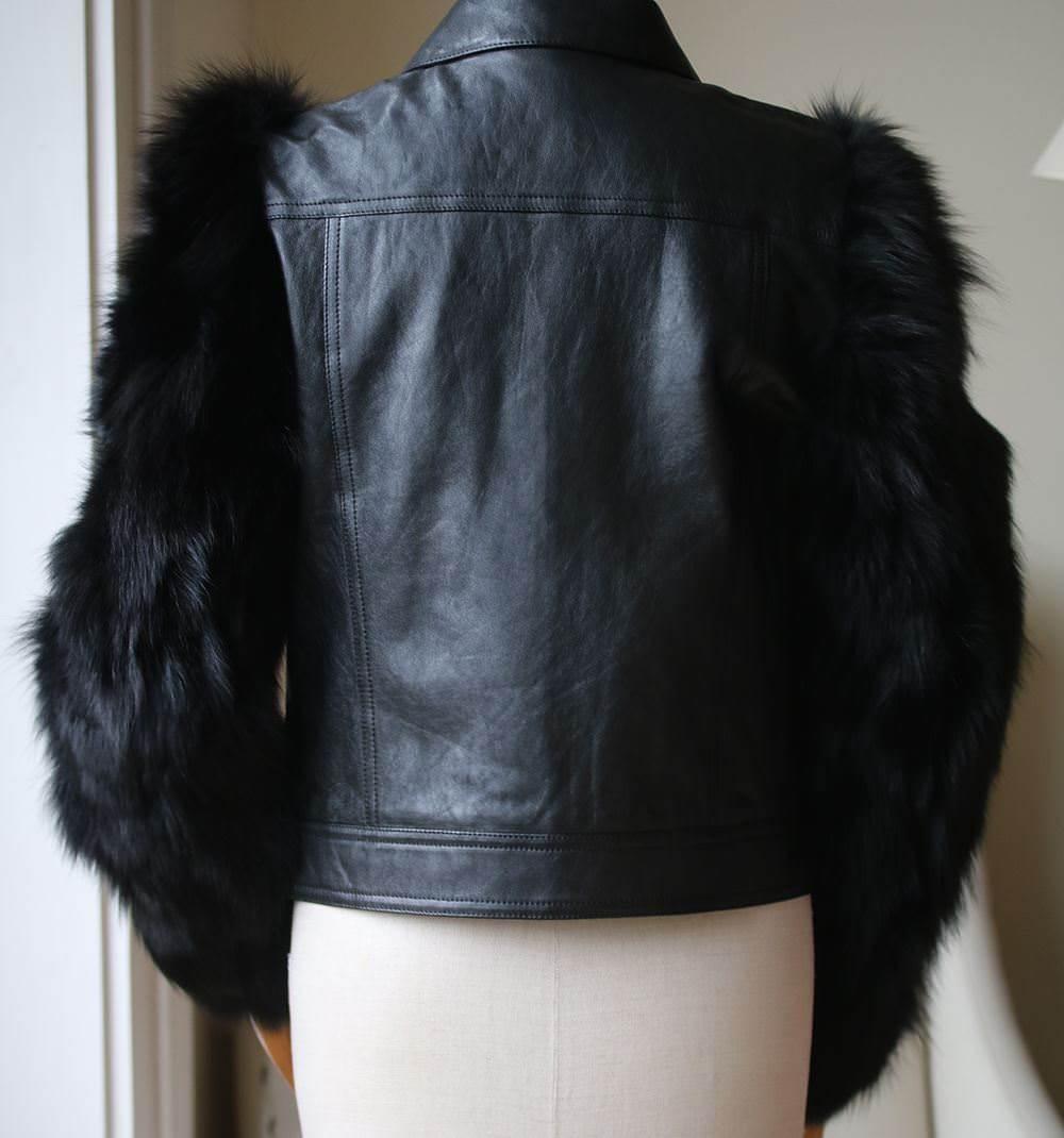 saint laurent fur coat with leather sleeves