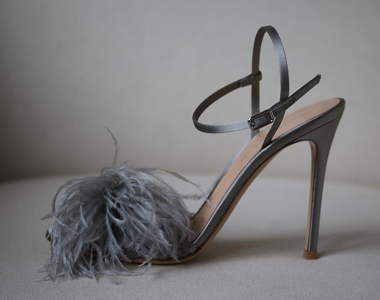 Gianvito Rossi satin sandal with ostrich feather trim. 4.3