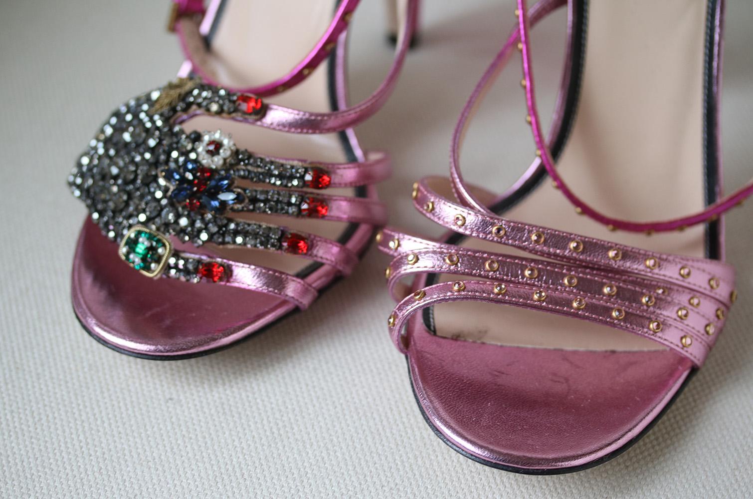 Gray Gucci Crystal Hand-Applique Embellished Sandals 