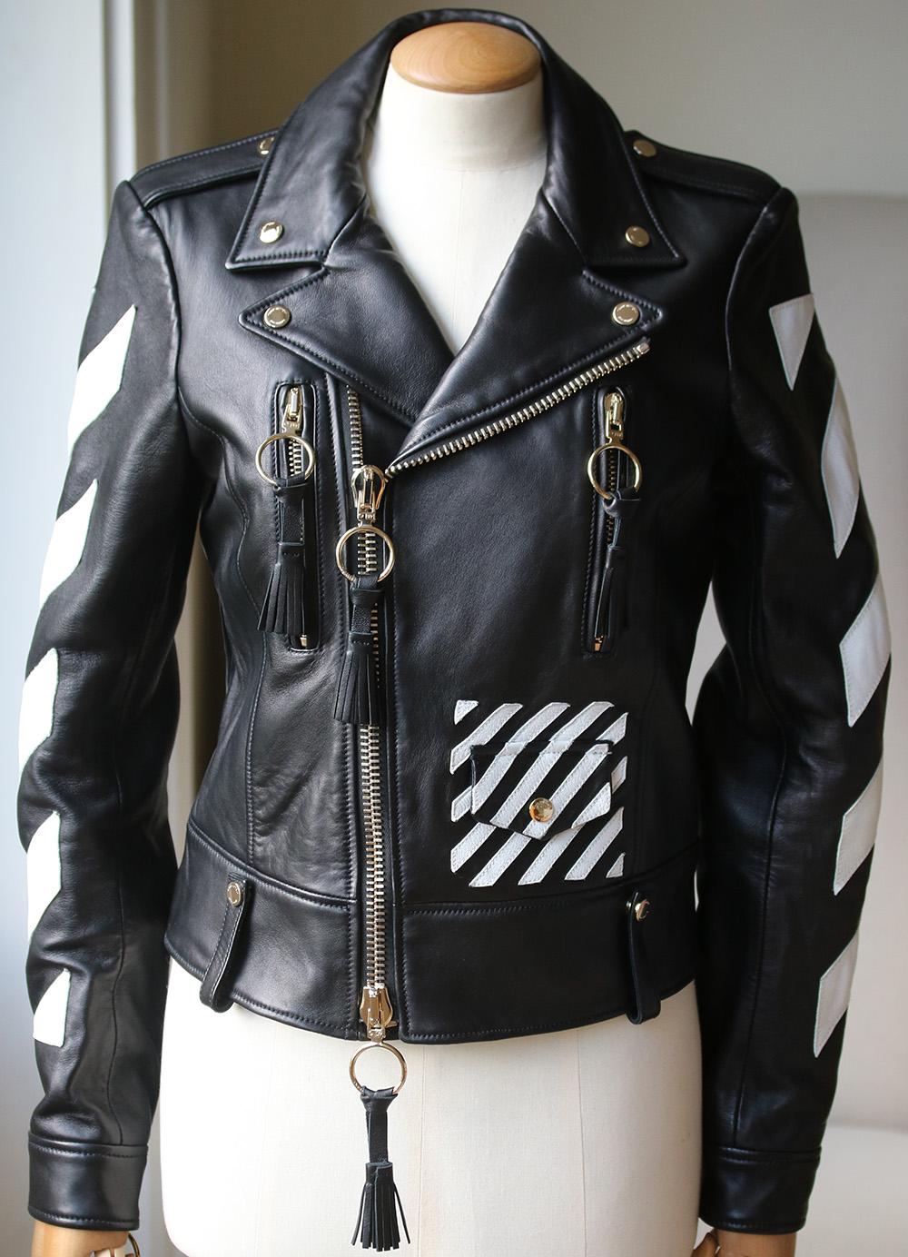 Virgil Abloh - also Kanye West's Creative Director - creates pieces inspired by youth culture and streetwear for his cult brand Off-White. Immaculately crafted from supple black leather, this biker jacket features signature diagonal striping and the