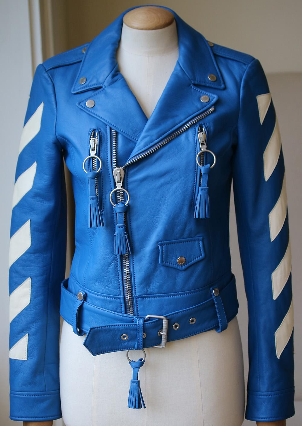 Virgil Abloh - also Kanye West's Creative Director - creates pieces inspired by youth culture and streetwear for his cult brand Off-White. Immaculately crafted from supple blue leather, this biker jacket features signature diagonal striping and the
