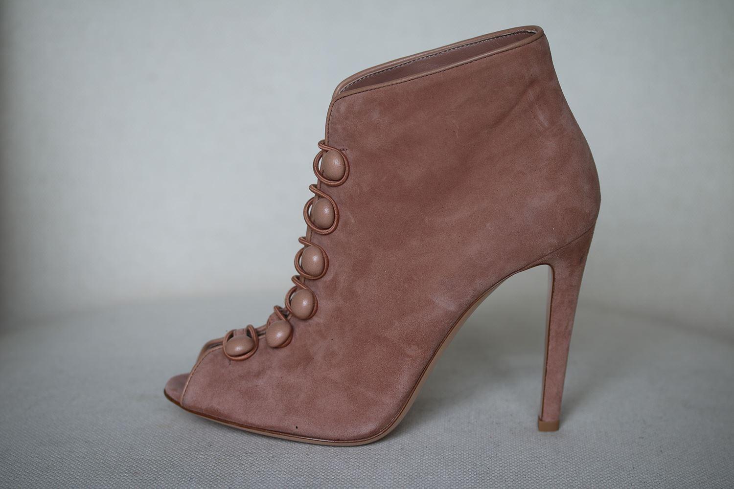 button front suede peep toe booties