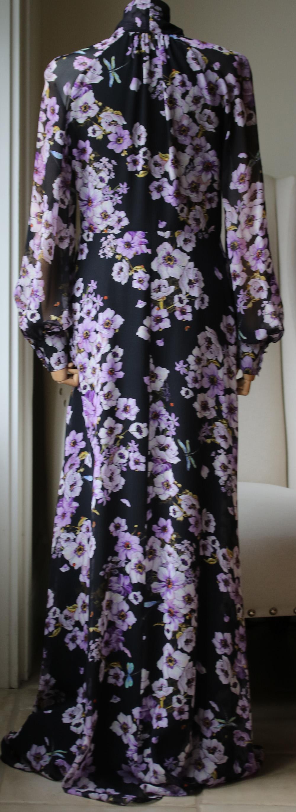 Black Giambattista Valli Pussy-Bow Floral-Print Silk Georgette Gown 