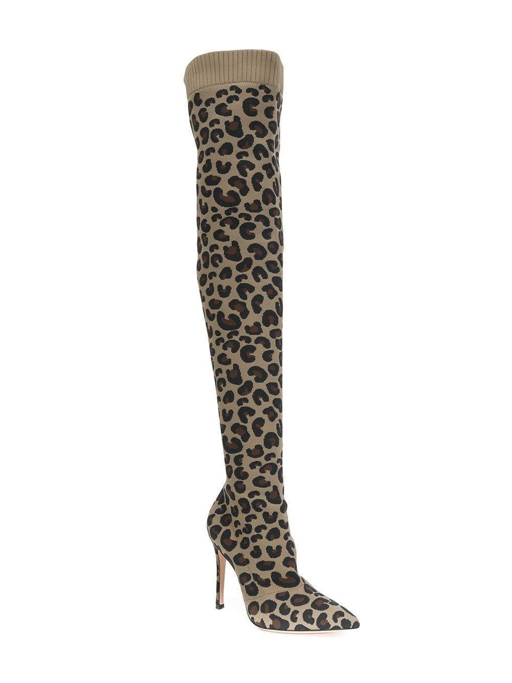 Set an evocative tone while wearing Gianvito Rossi's Sauvage over-the-knee boots. The knitted upper comes with stretch for a form-hugging silhouette, while the exotic leopard print and classic stiletto heel add a provocative note. Upper: fabric.