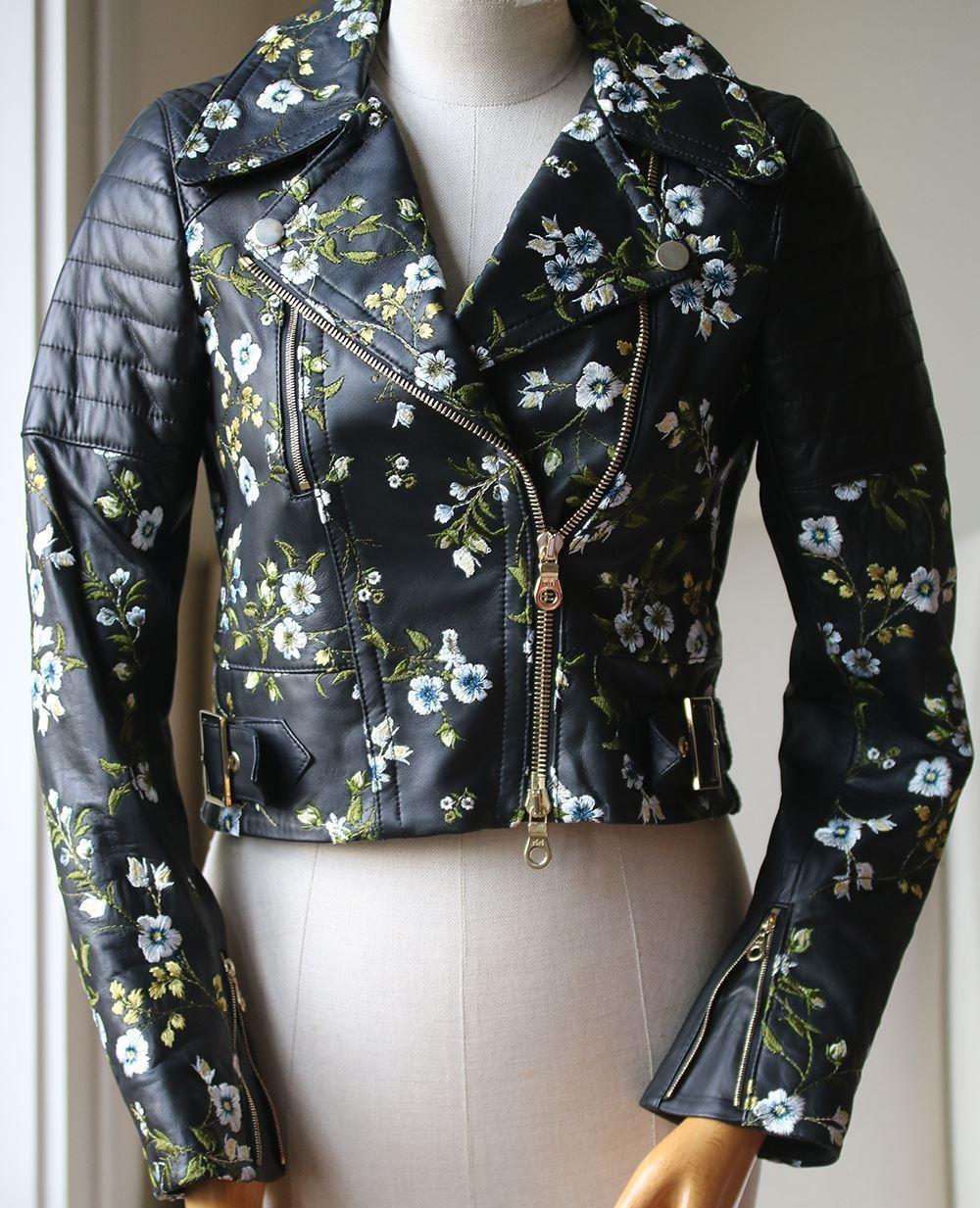 Erdem updates the classic biker jacket to channel this spring's ladylike mood via delicate embroideries in the designer's signature floral pattern. Fitted and cropped, it is the perfect piece to layer over the collection's stand-out printed dresses.