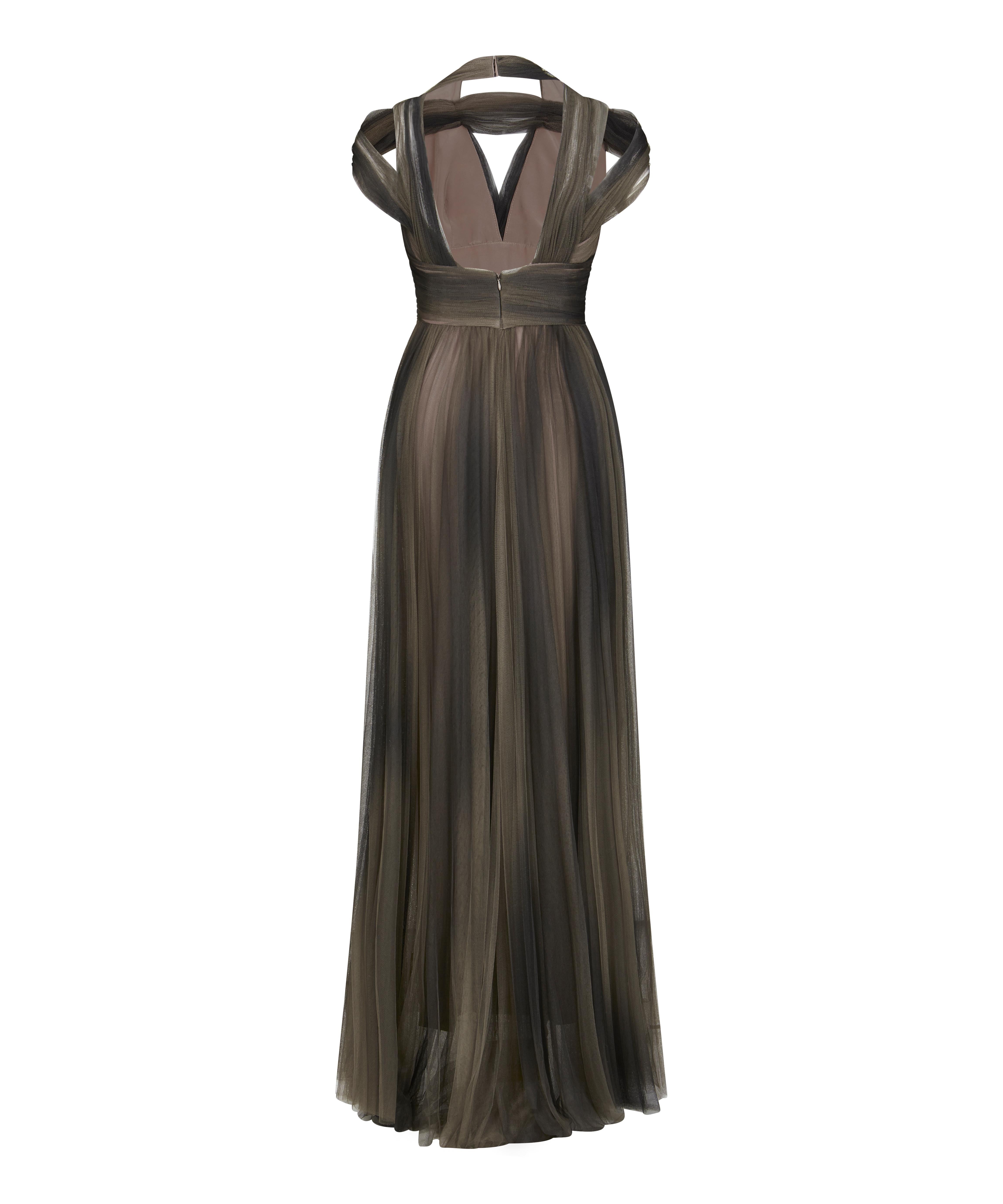 Tulle chiffon gown. Concealed hook and zip fastening at back. 80% Polyester, 20% silk. Fitted at the bust and waist, slightly loose at the hip. Mid-weight, non-stretchy fabric. Crafted from fluted silk-chiffon, it's designed with a flattering