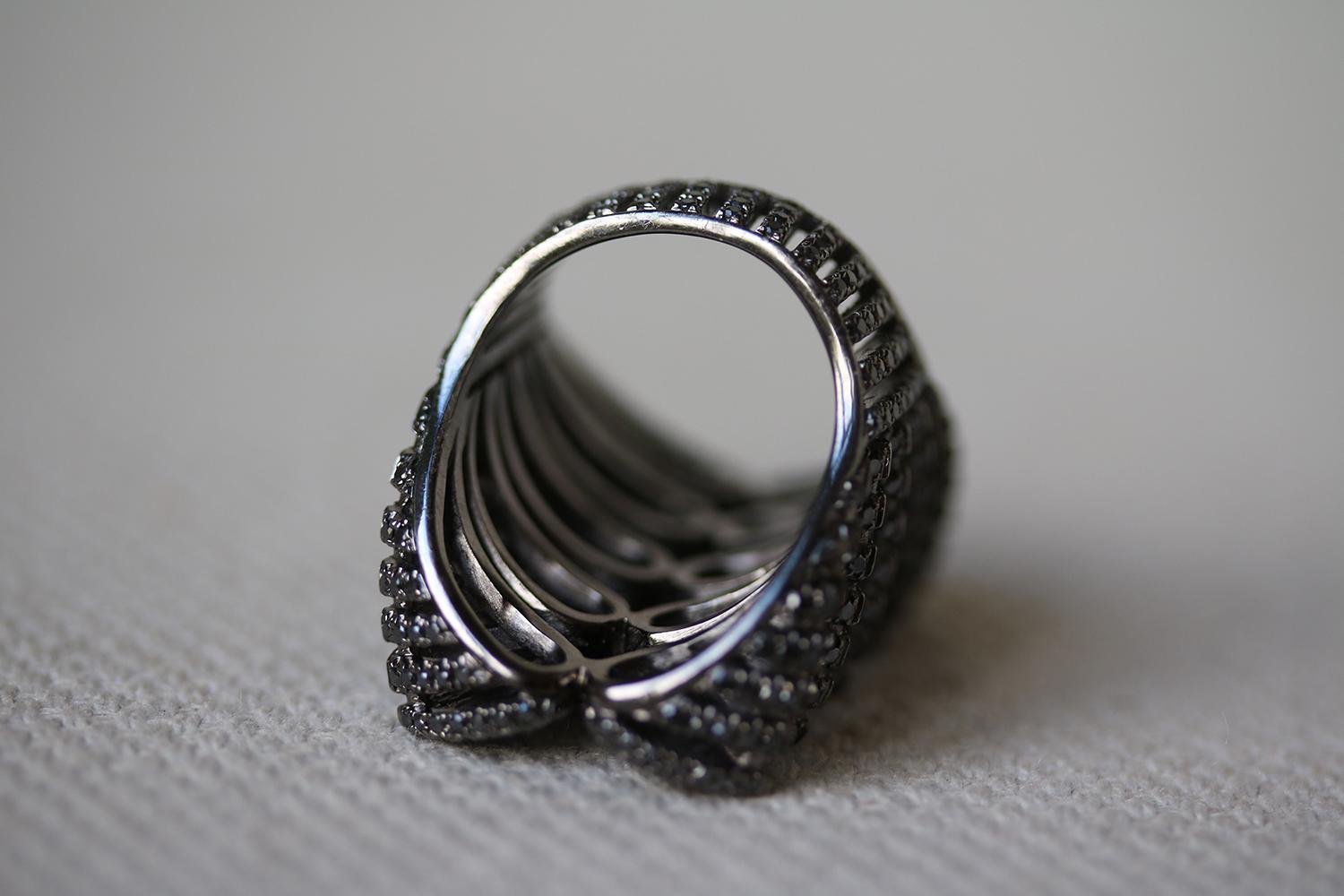 Women's AS29 Spine 18k Black Gold & Diamond Ring  For Sale