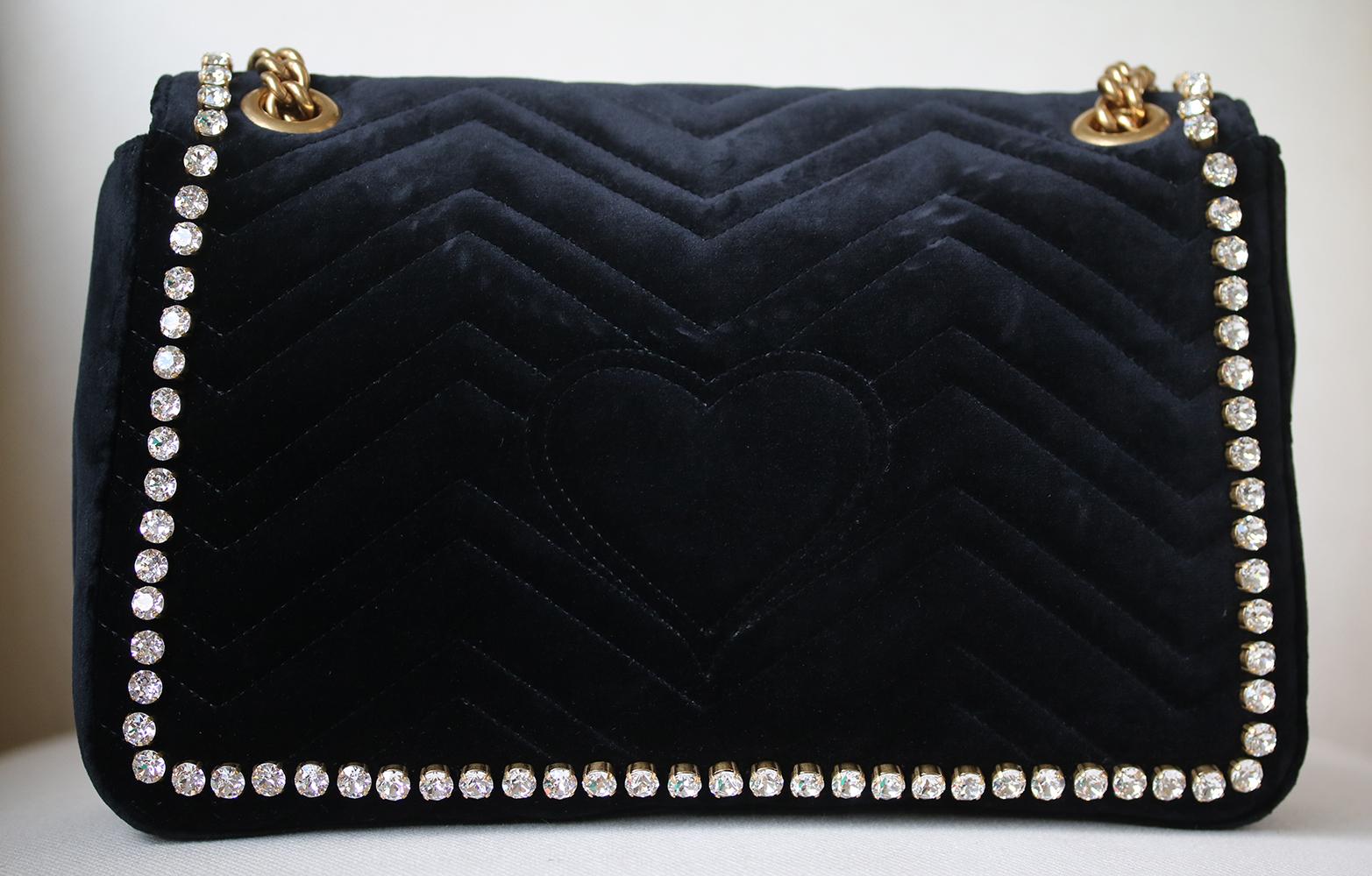 Black Gucci GG Marmont Crystal Embellished Velvet Bag