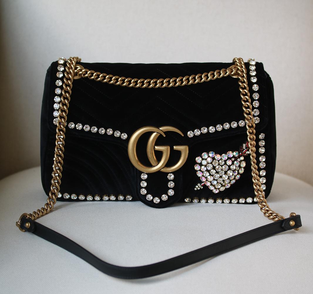 Gucci GG Marmont Crystal Embellished Velvet Bag In Excellent Condition In London, GB