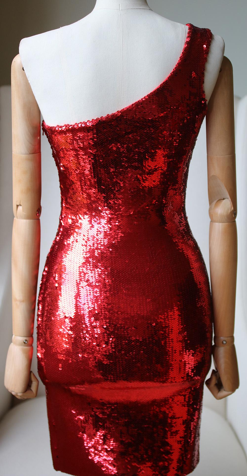 Red Saint Laurent One-Shoulder Sequin-Embellished Dress