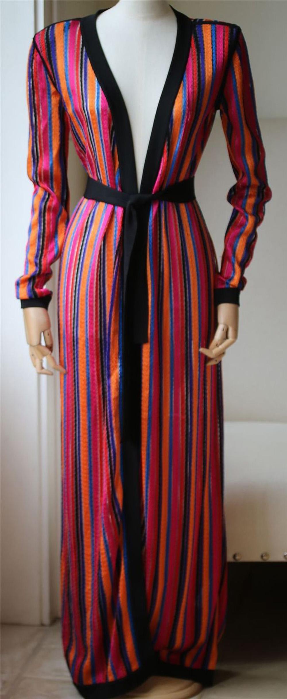 Balmain's cardigan is an elegant choice for slipping over a bikini or wearing as a jacket on cool summer evenings. This open-knit design has a floor-length silhouette and is striped in kaleidoscopic hues - Creative Director Olivier Rousteing is