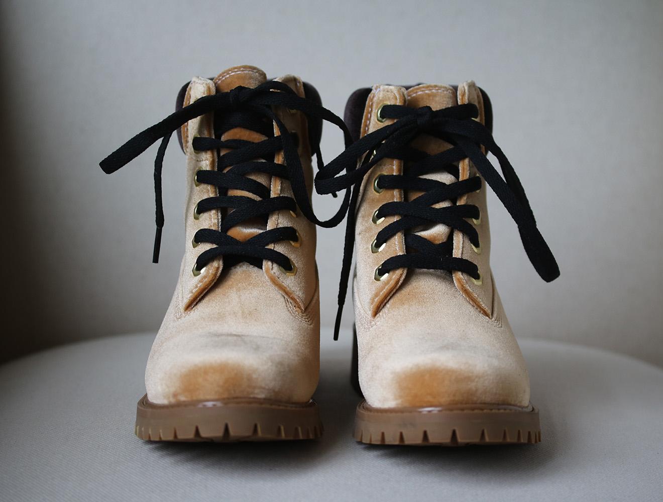Brown Off-White + Timberland Logo Embossed Velvet Ankle Boots 