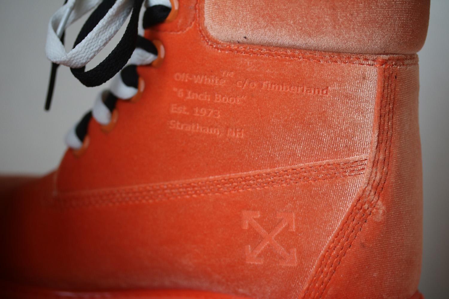 Orange Off-White + Timberland Logo Embossed Velvet Ankle Boots