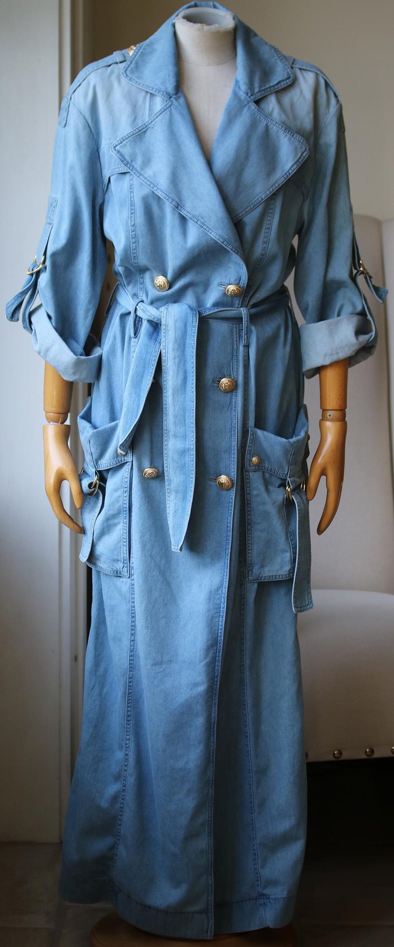 Balmain Double-Breasted Denim Trench Coat at 1stDibs